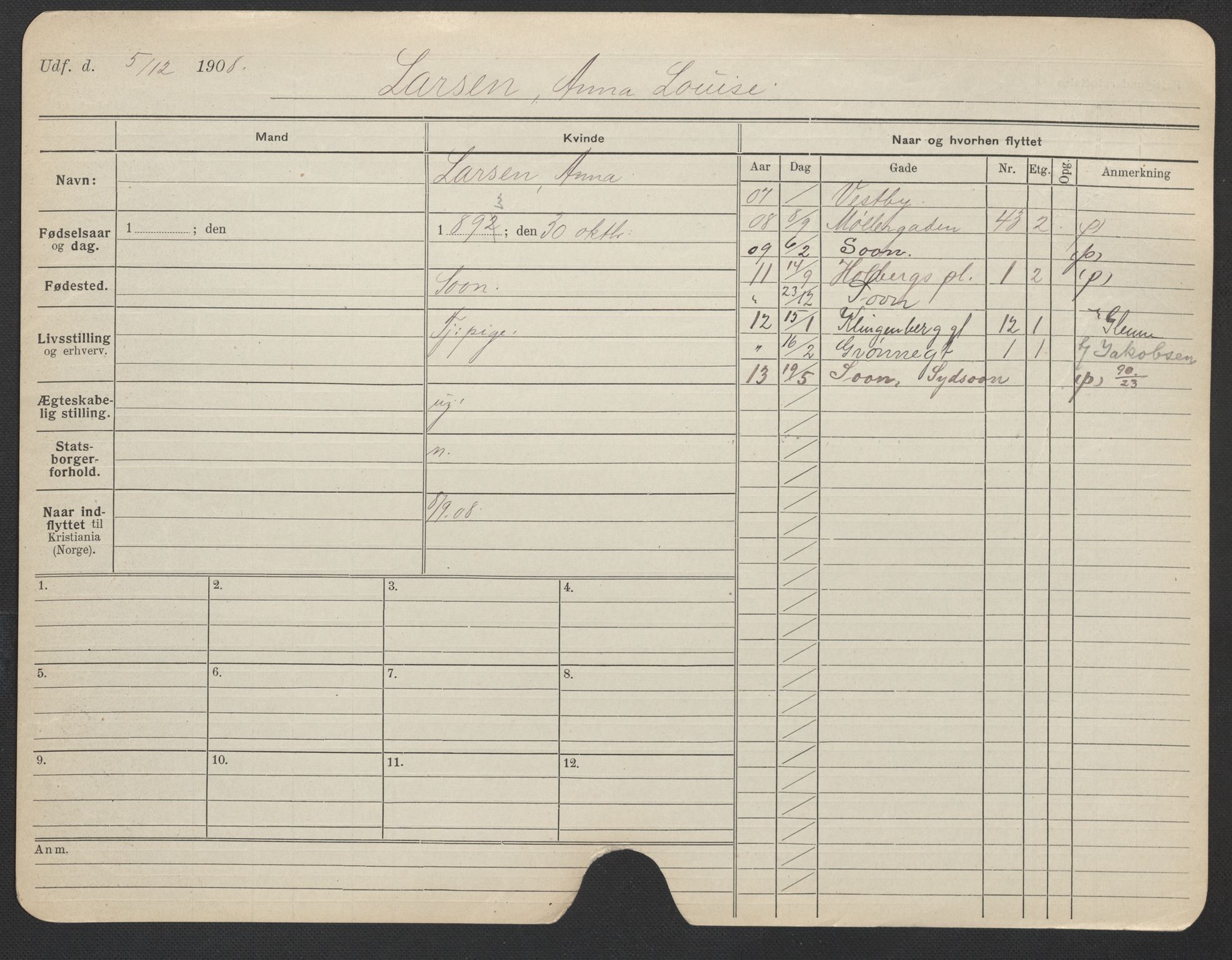 Oslo folkeregister, Registerkort, AV/SAO-A-11715/F/Fa/Fac/L0019: Kvinner, 1906-1914, s. 816a