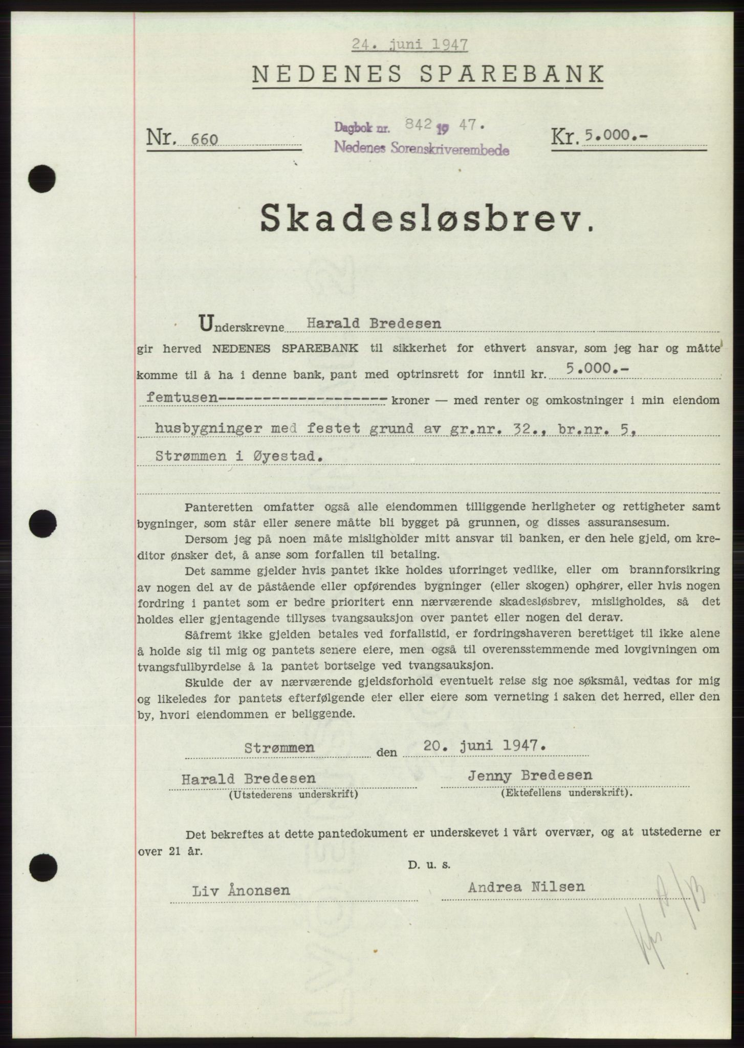 Nedenes sorenskriveri, SAK/1221-0006/G/Gb/Gbb/L0004: Pantebok nr. B4, 1947-1947, Dagboknr: 842/1947