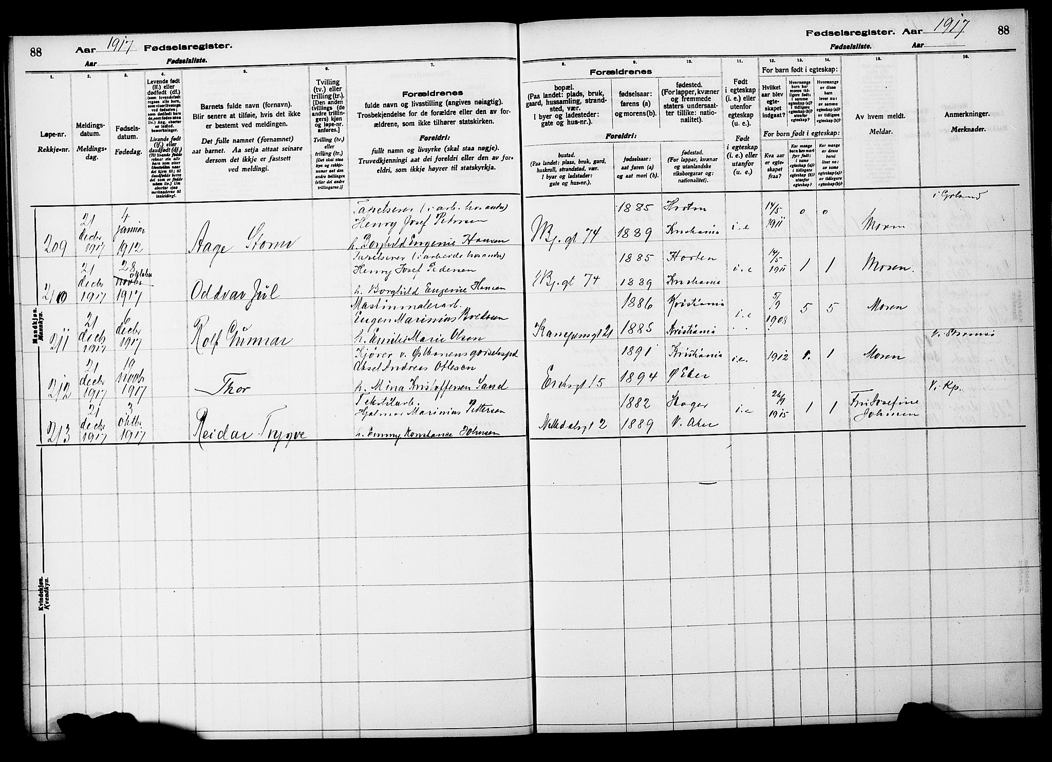 Kampen prestekontor Kirkebøker, AV/SAO-A-10853/J/Ja/L0001: Fødselsregister nr. 1, 1916-1920, s. 88