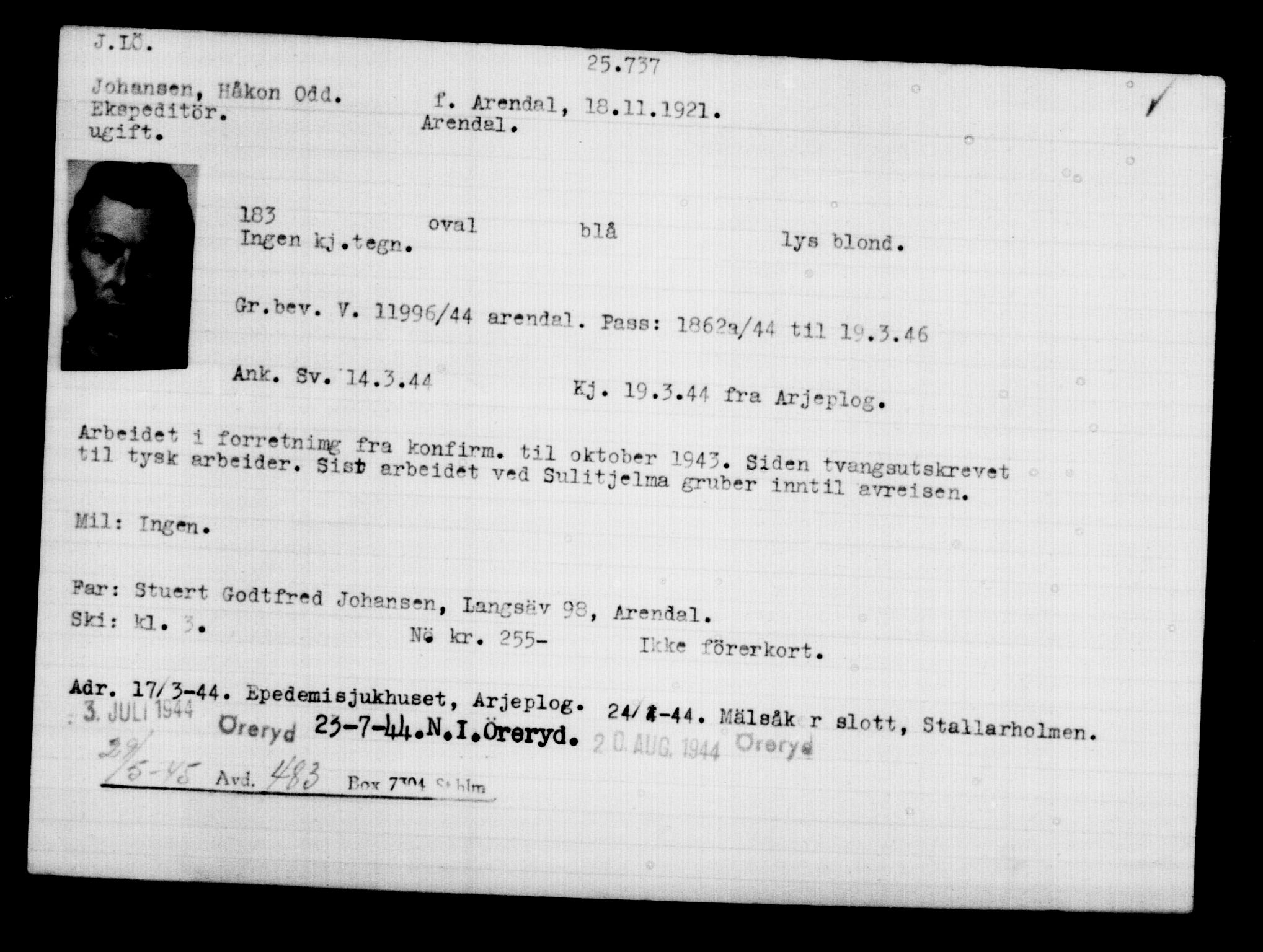 Utenriksstasjonene, Legasjonen i Stockholm, Flyktningkontoret, AV/RA-S-6753/V/Va/L0011: Kjesäterkartoteket, flyktninger med registreringsnr. 25300-28349, 1940-1945, s. 453