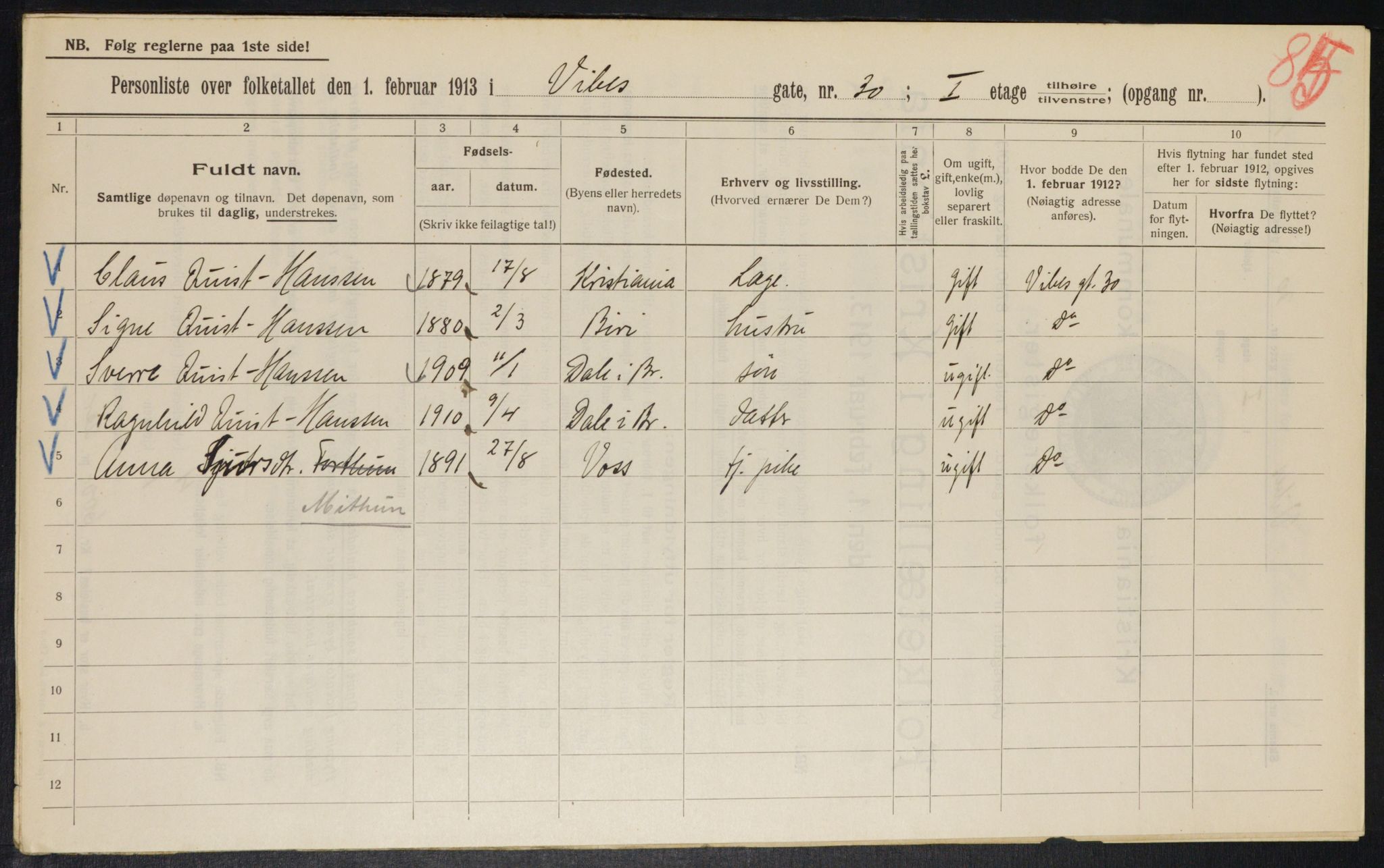 OBA, Kommunal folketelling 1.2.1913 for Kristiania, 1913, s. 123325