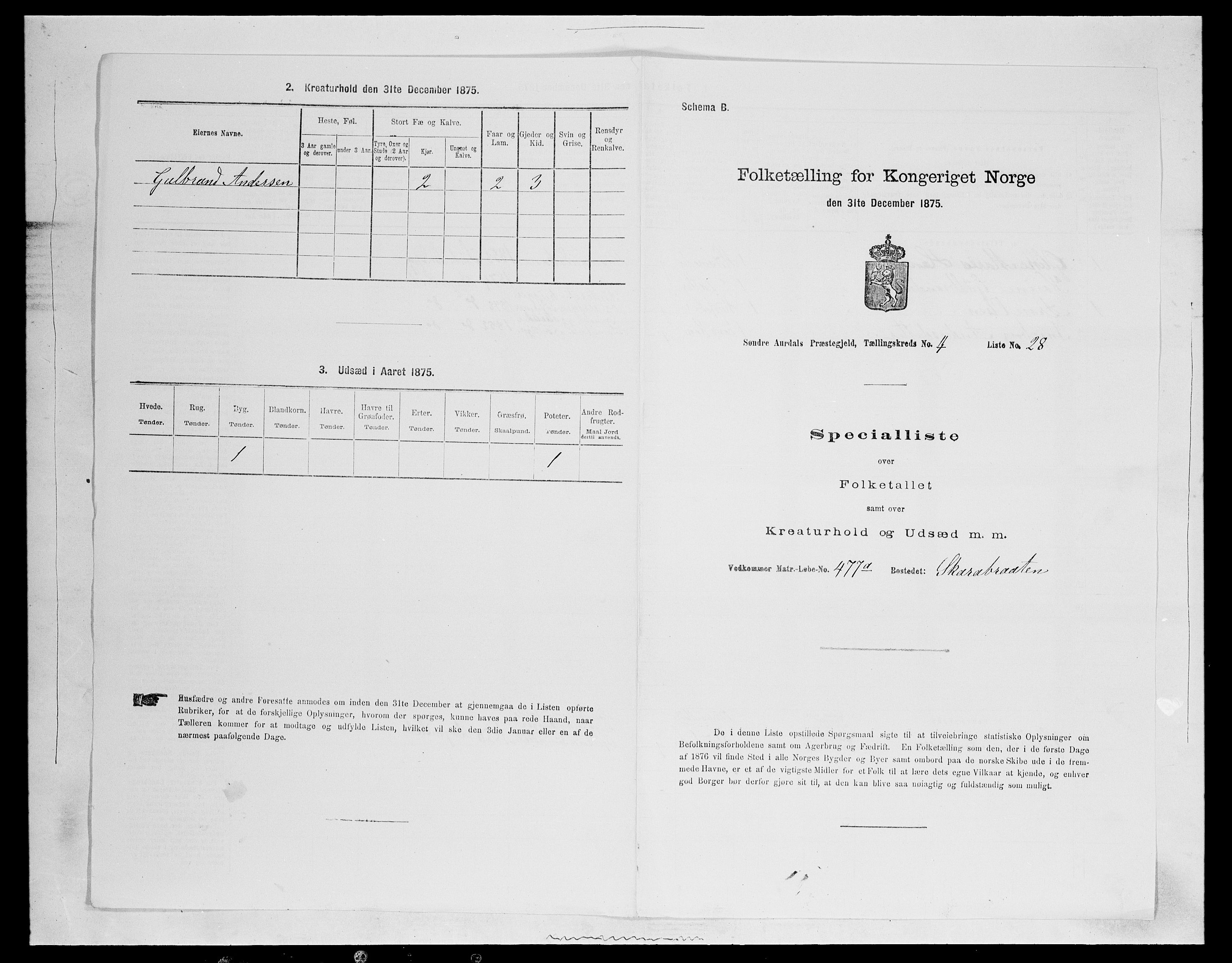 SAH, Folketelling 1875 for 0540P Sør-Aurdal prestegjeld, 1875, s. 734