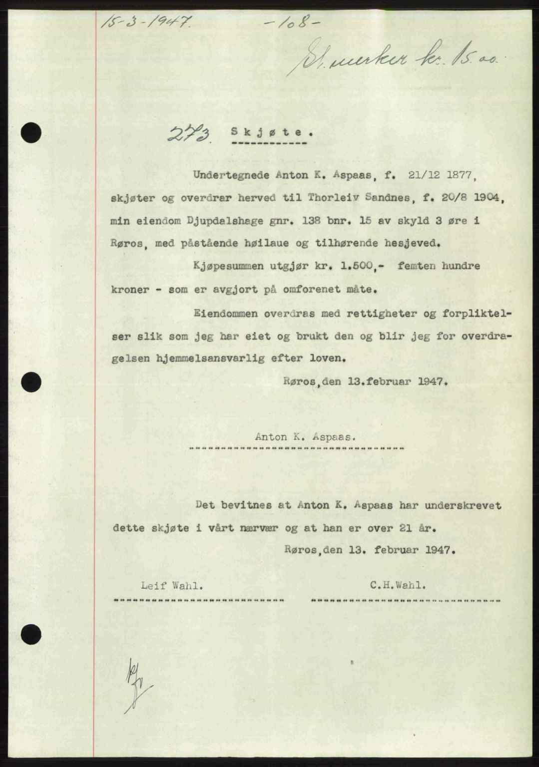 Gauldal sorenskriveri, SAT/A-0014/1/2/2C: Pantebok nr. A3, 1947-1947, Dagboknr: 273/1947
