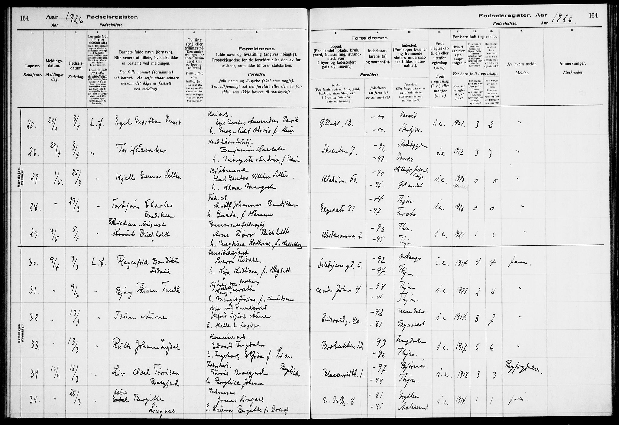 Ministerialprotokoller, klokkerbøker og fødselsregistre - Sør-Trøndelag, AV/SAT-A-1456/604/L0233: Fødselsregister nr. 604.II.4.2, 1920-1928, s. 164