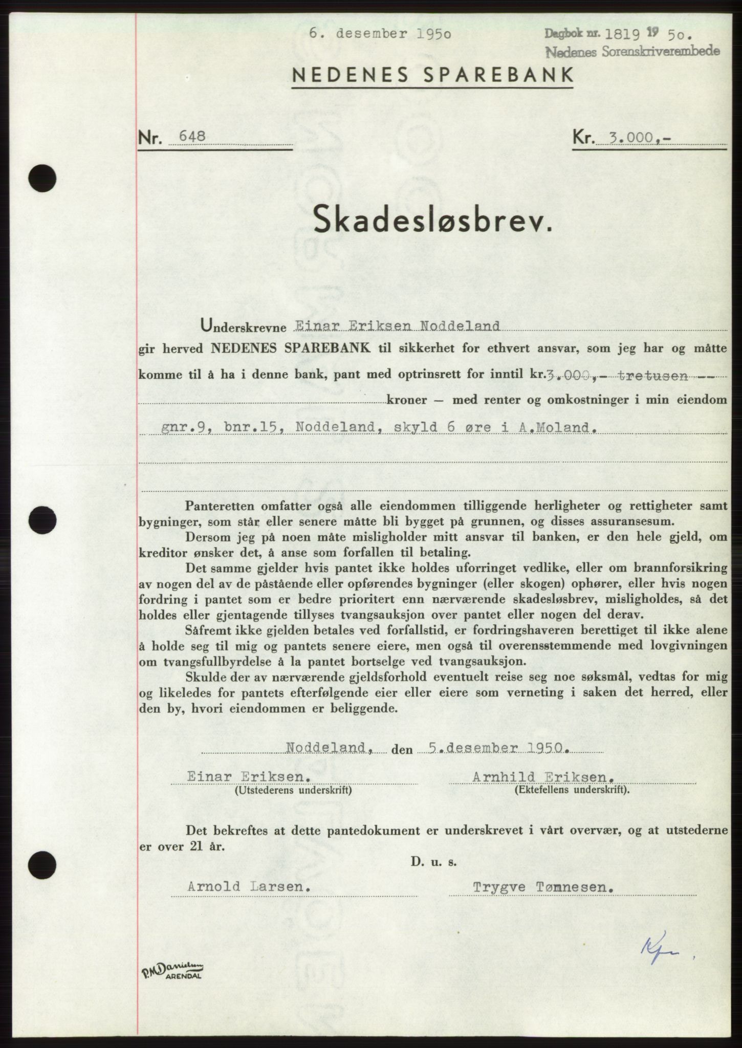 Nedenes sorenskriveri, SAK/1221-0006/G/Gb/Gbb/L0008: Pantebok nr. B8, 1950-1950, Dagboknr: 1819/1950