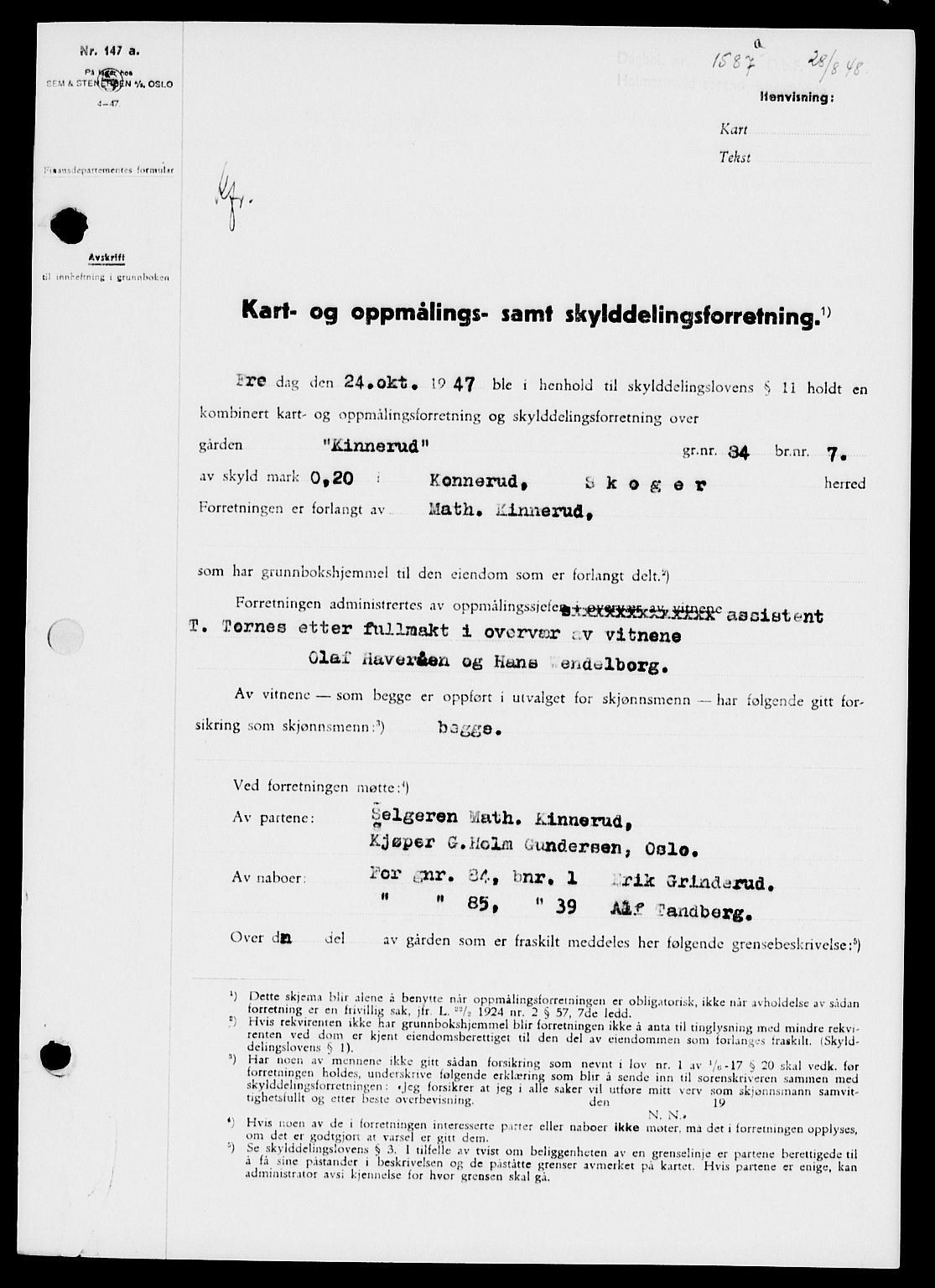 Holmestrand sorenskriveri, SAKO/A-67/G/Ga/Gaa/L0064: Pantebok nr. A-64, 1948-1948, Dagboknr: 1587/1948