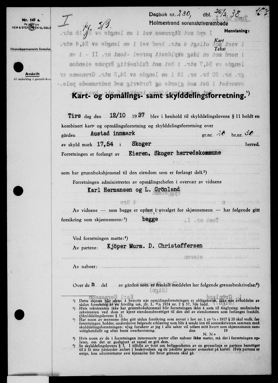 Holmestrand sorenskriveri, SAKO/A-67/G/Ga/Gaa/L0049: Pantebok nr. A-49, 1937-1938, Dagboknr: 230/1938