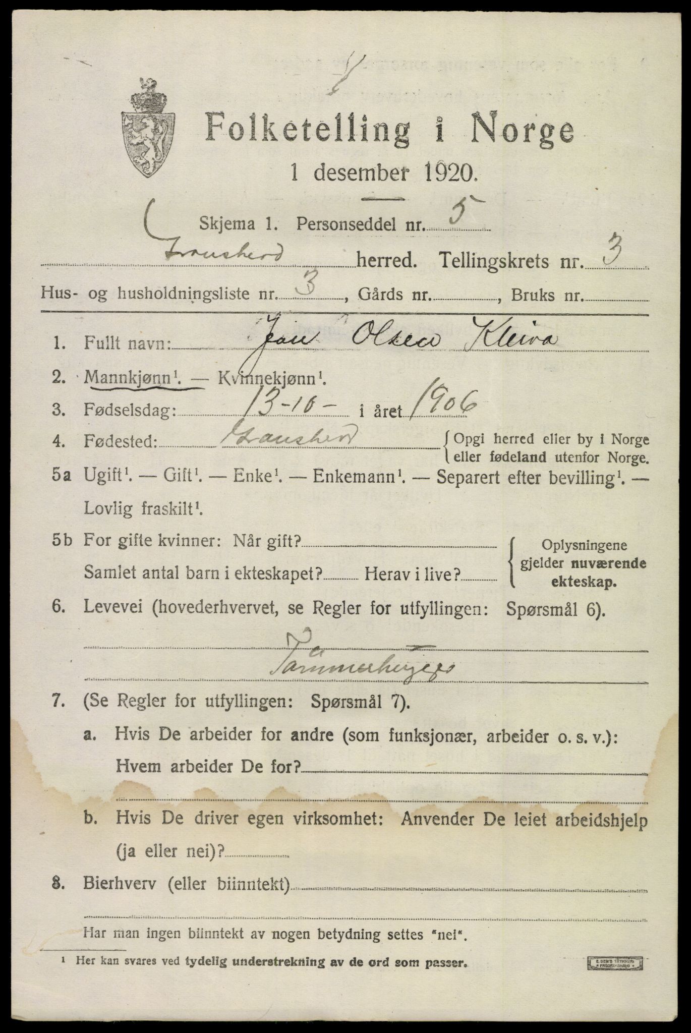 SAKO, Folketelling 1920 for 0824 Gransherad herred, 1920, s. 1434