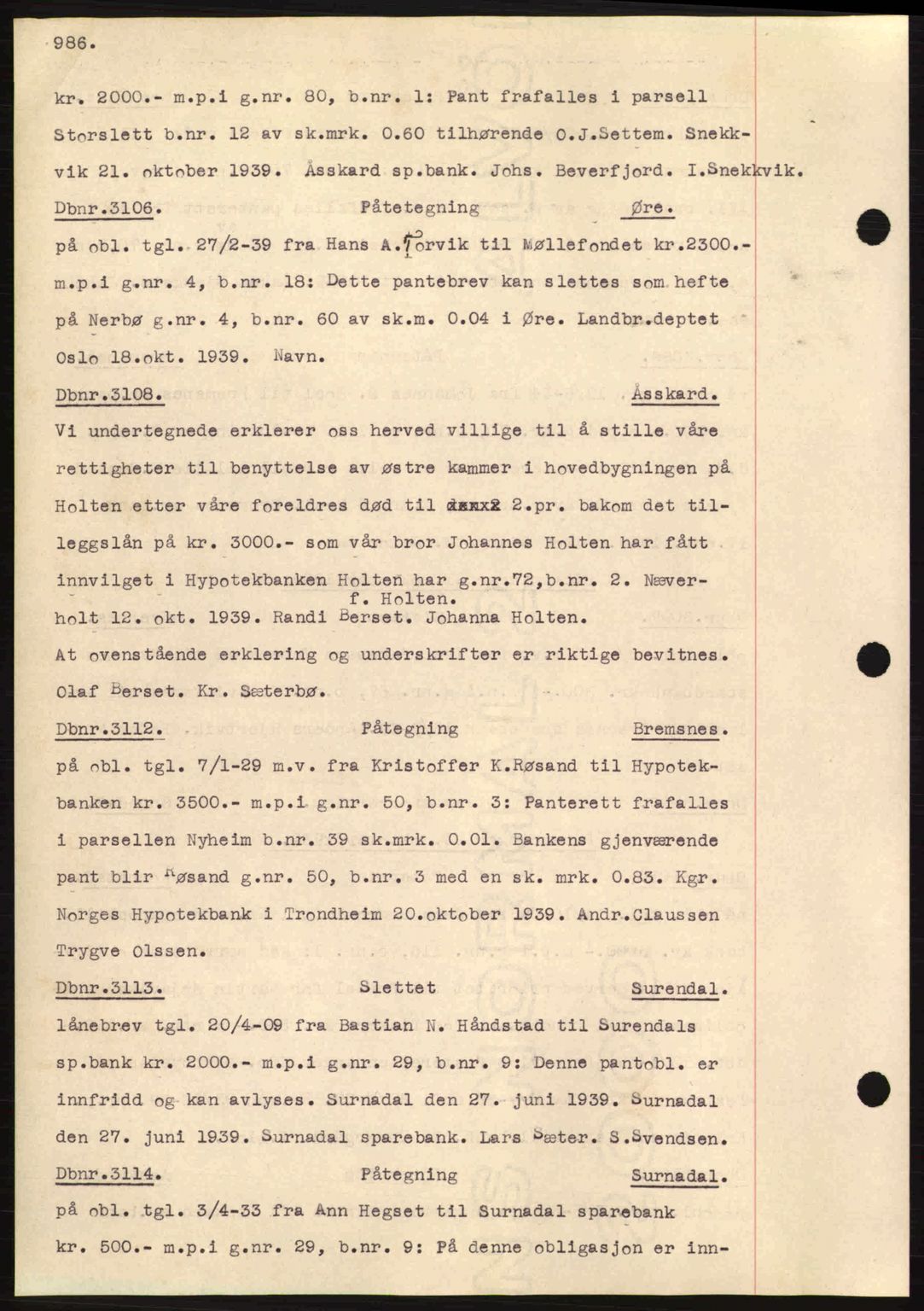 Nordmøre sorenskriveri, SAT/A-4132/1/2/2Ca: Pantebok nr. C80, 1936-1939, Dagboknr: 3106/1939