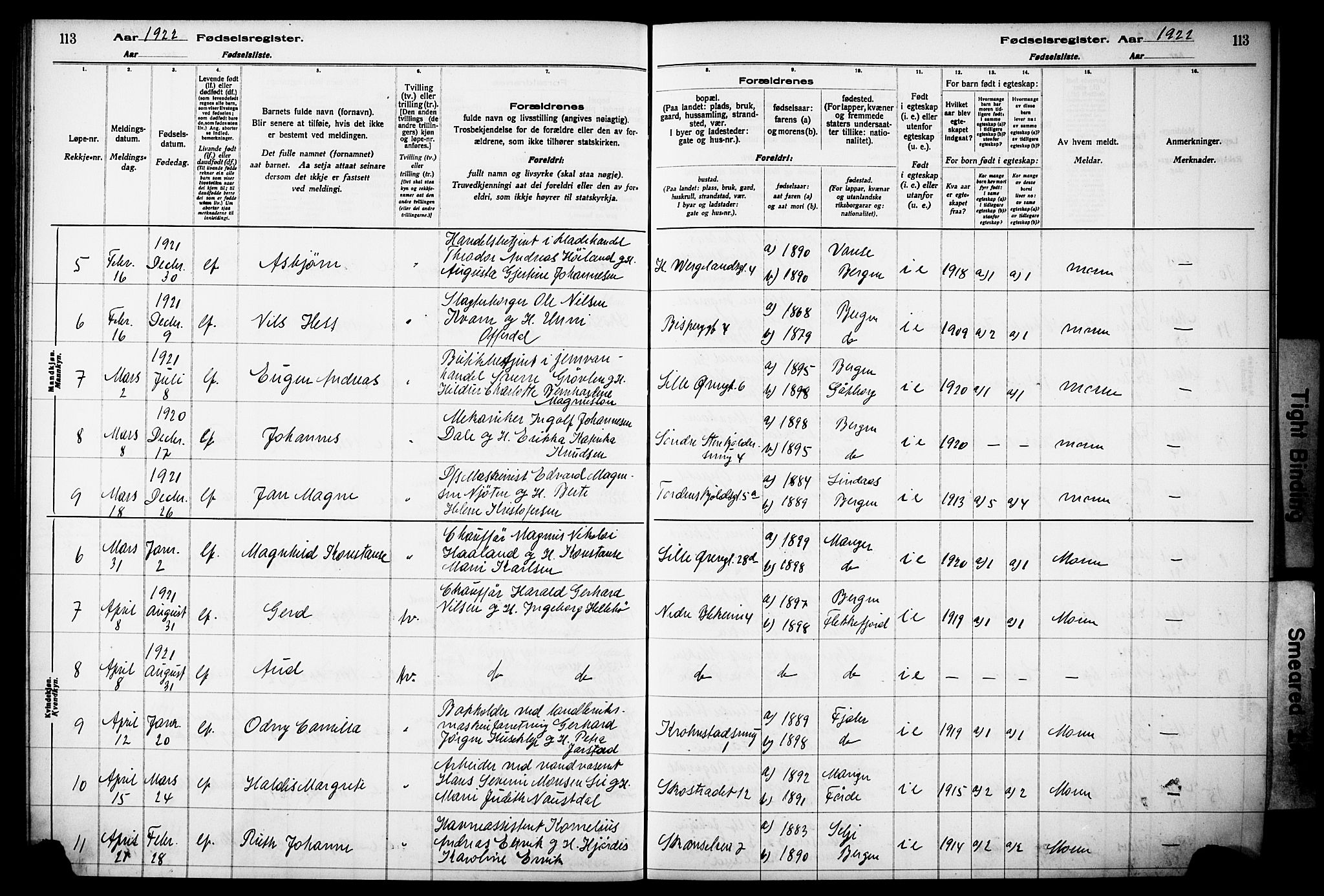 Korskirken sokneprestembete, SAB/A-76101/I/Id/L00A1: Fødselsregister nr. A 1, 1916-1929, s. 113