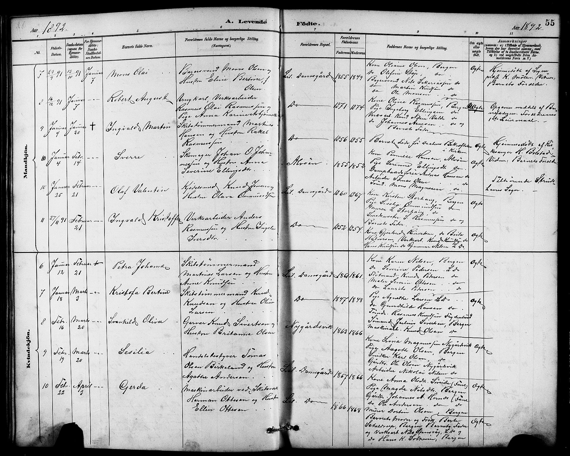 Laksevåg Sokneprestembete, AV/SAB-A-76501/H/Ha/Hab/Haba/L0003: Klokkerbok nr. A 3, 1887-1899, s. 55