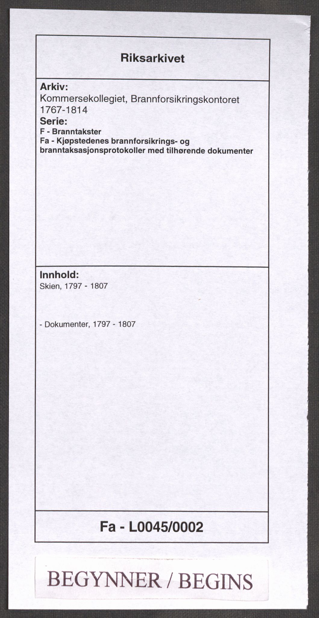 Kommersekollegiet, Brannforsikringskontoret 1767-1814, AV/RA-EA-5458/F/Fa/L0045/0002: Skien / Dokumenter, 1797-1807