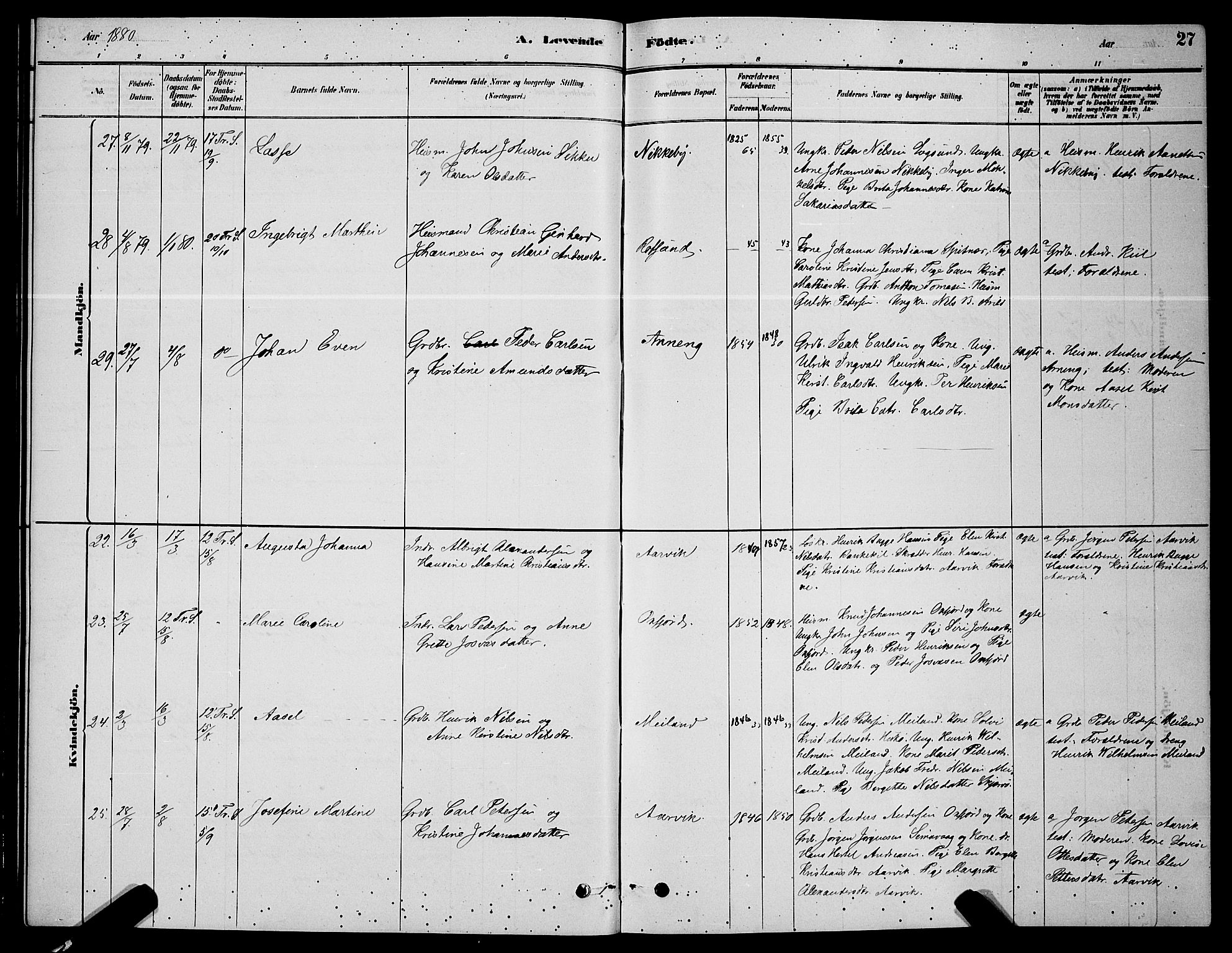 Skjervøy sokneprestkontor, AV/SATØ-S-1300/H/Ha/Hab/L0006klokker: Klokkerbok nr. 6, 1878-1888, s. 27