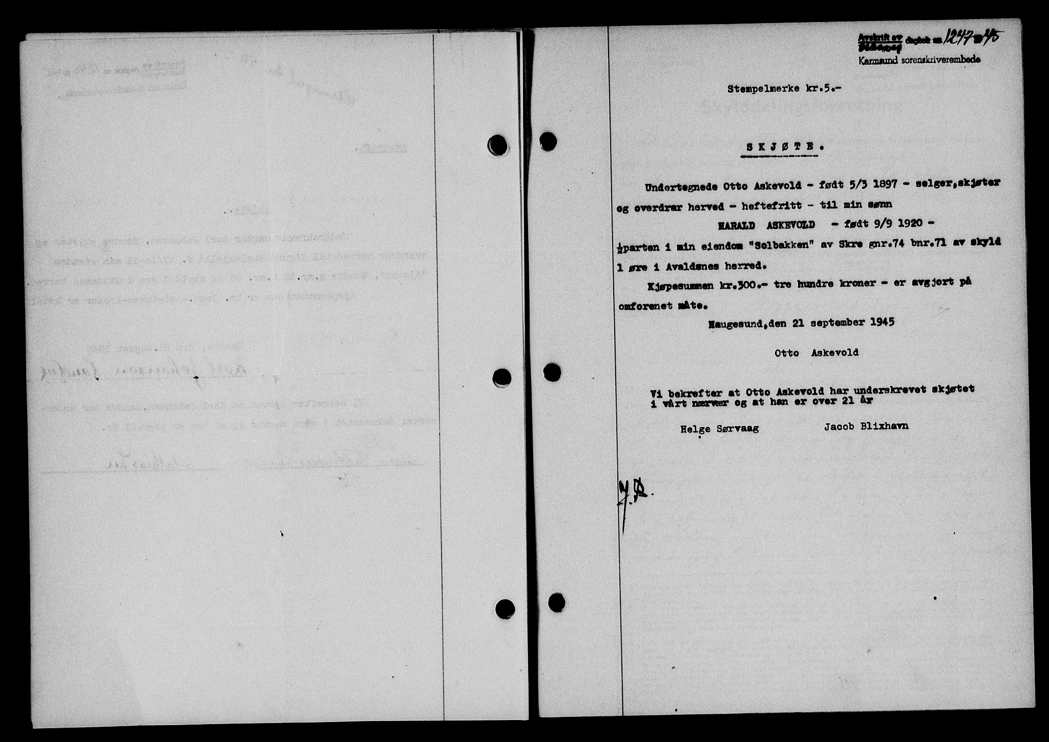 Karmsund sorenskriveri, SAST/A-100311/01/II/IIB/L0084: Pantebok nr. 65A, 1945-1946, Dagboknr: 1247/1945
