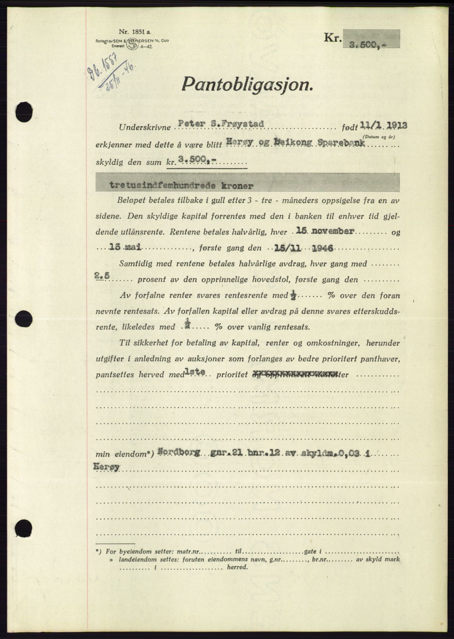 Søre Sunnmøre sorenskriveri, AV/SAT-A-4122/1/2/2C/L0114: Pantebok nr. 1-2B, 1943-1947, Dagboknr: 1557/1946