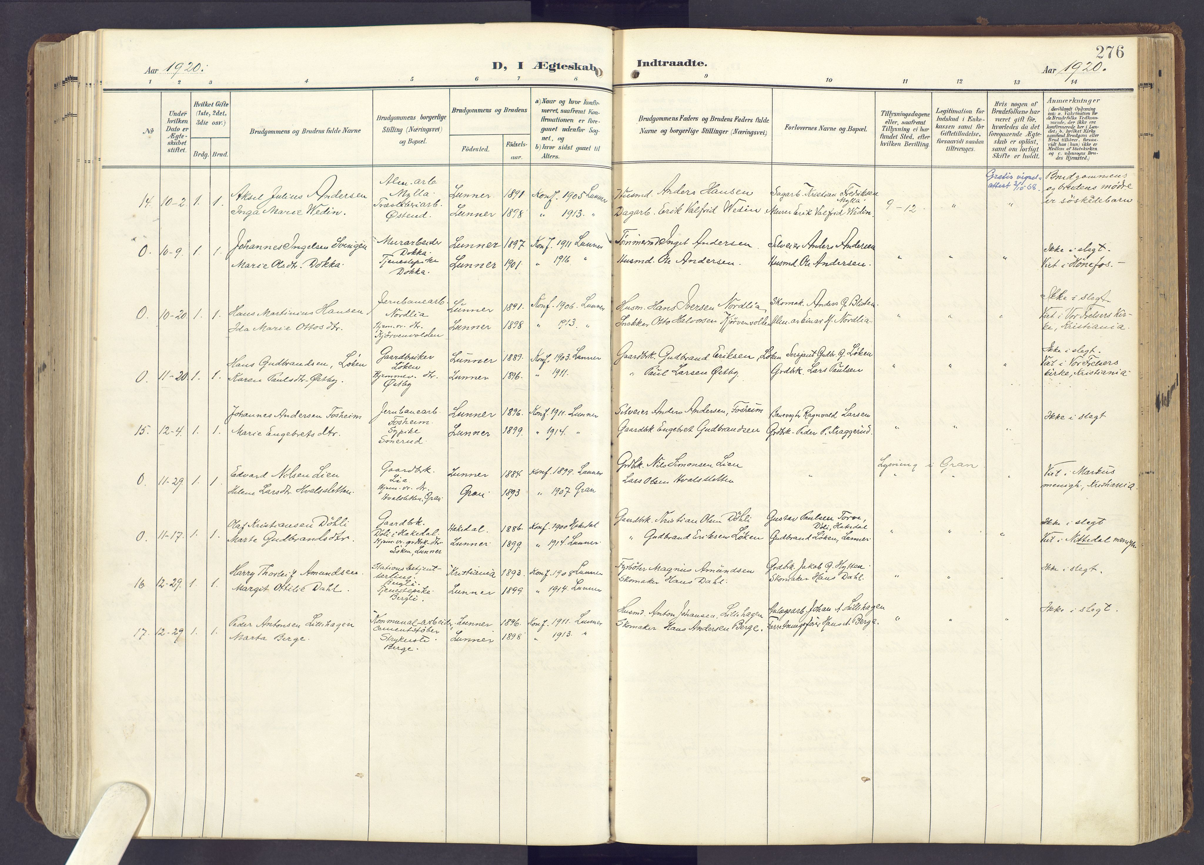 Lunner prestekontor, SAH/PREST-118/H/Ha/Haa/L0001: Ministerialbok nr. 1, 1907-1922, s. 276