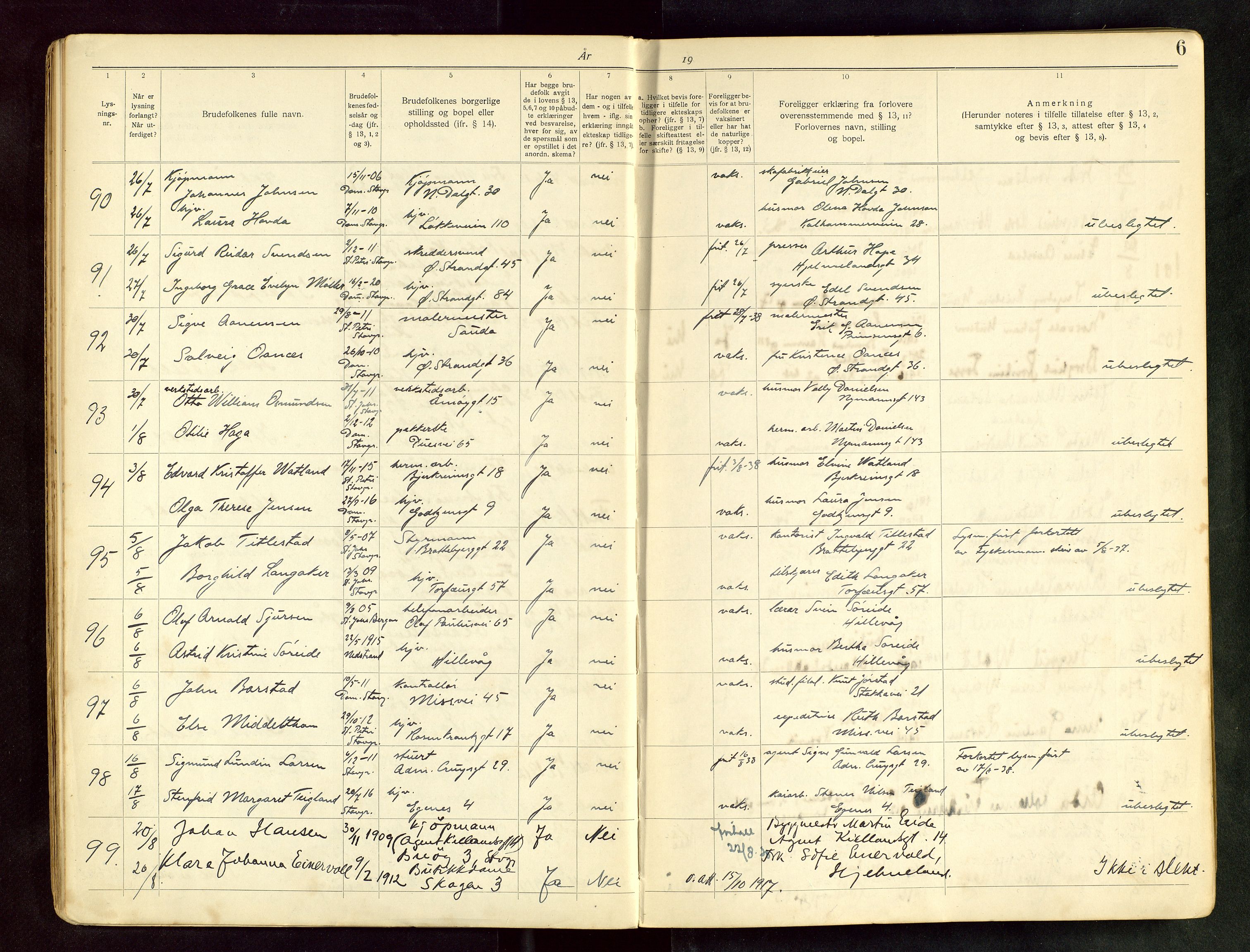 Domkirken sokneprestkontor, AV/SAST-A-101812/001/70/705BB/L0003: Lysningsprotokoll nr. 3, 1938-1946, s. 6