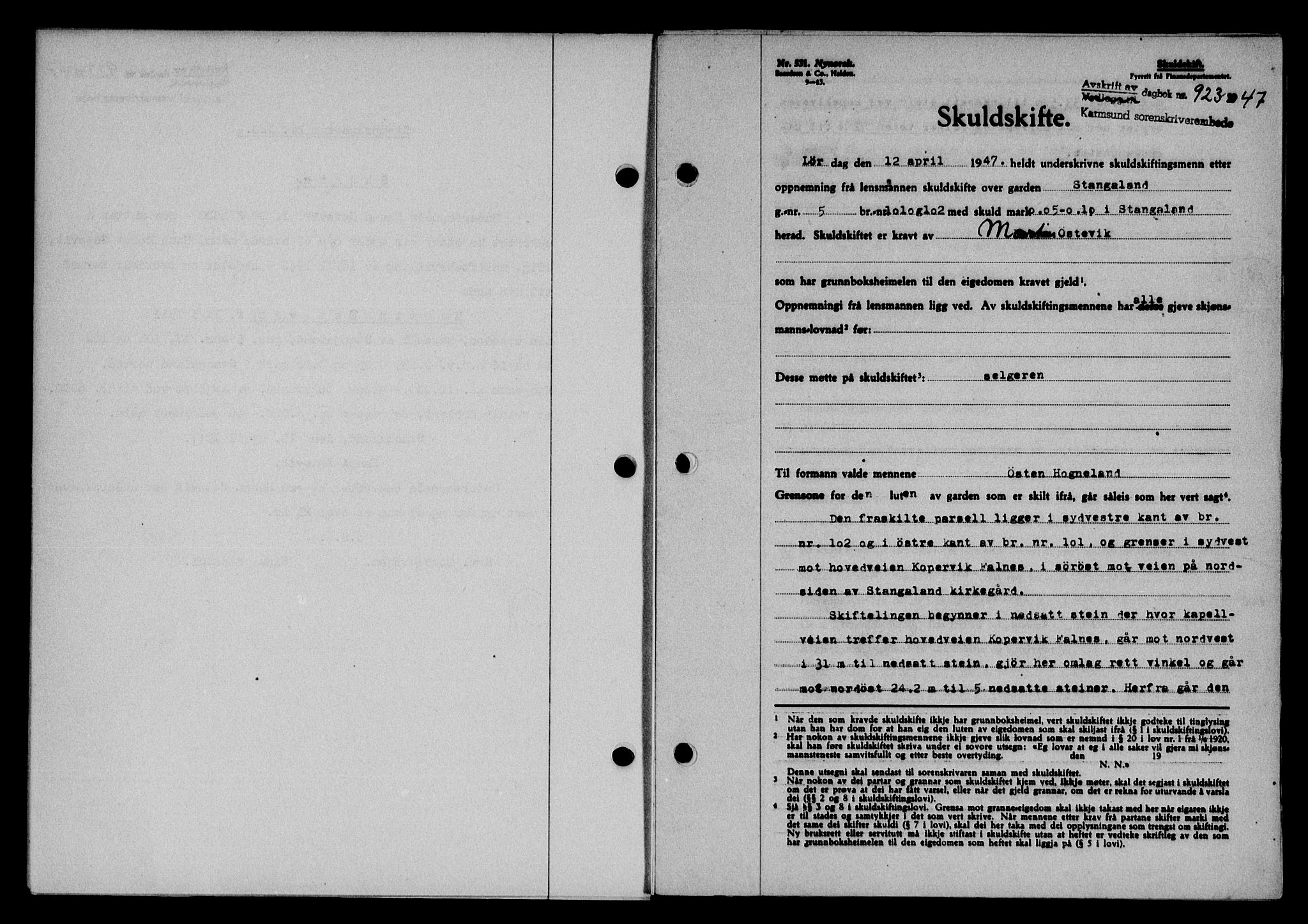 Karmsund sorenskriveri, SAST/A-100311/01/II/IIB/L0089: Pantebok nr. 69A, 1947-1947, Dagboknr: 923/1947
