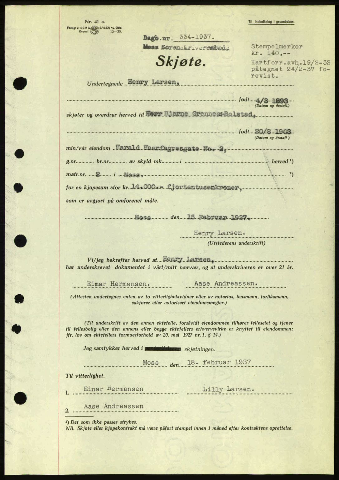 Moss sorenskriveri, SAO/A-10168: Pantebok nr. A2, 1936-1937, Dagboknr: 334/1936