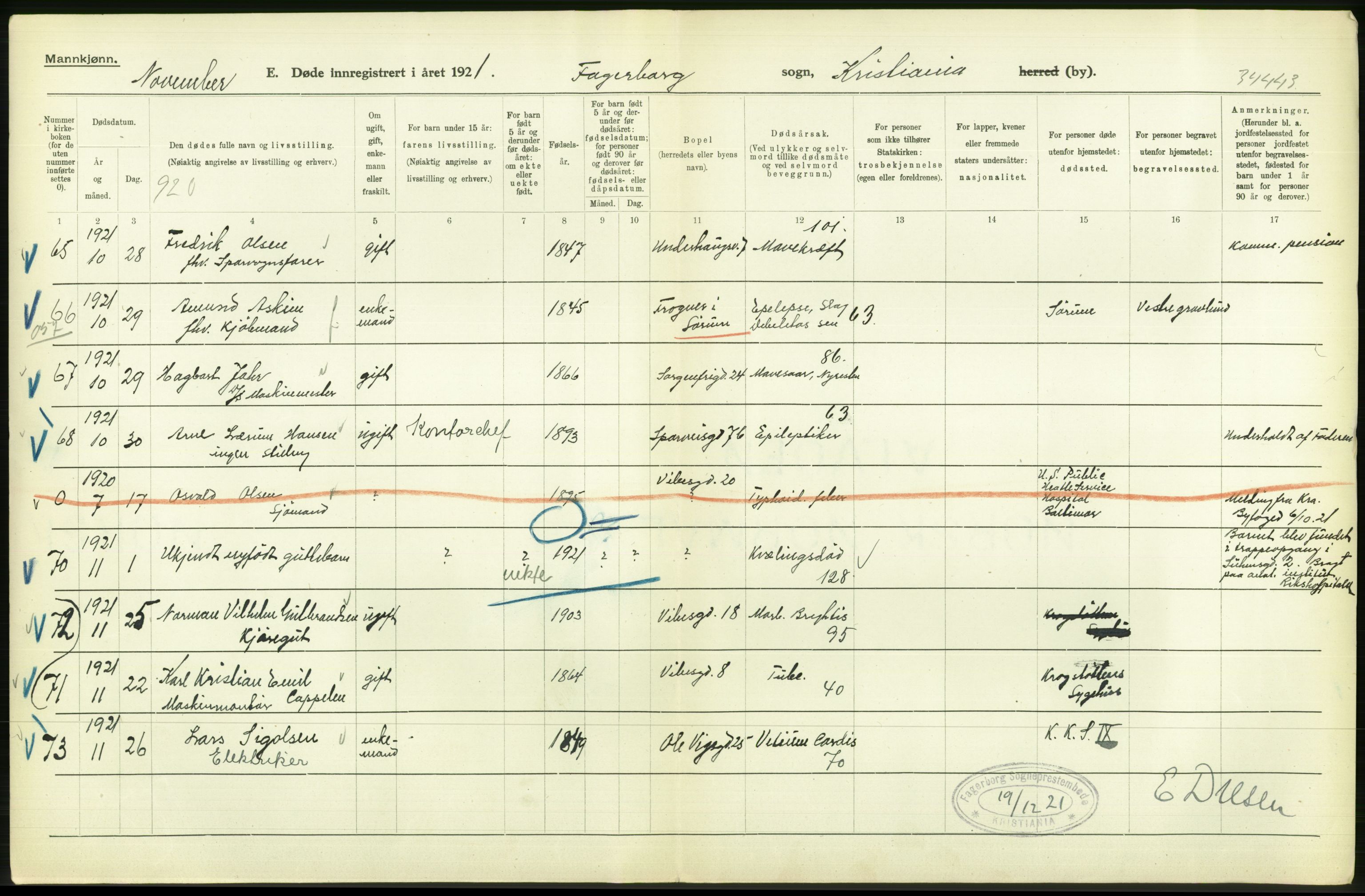 Statistisk sentralbyrå, Sosiodemografiske emner, Befolkning, AV/RA-S-2228/D/Df/Dfc/Dfca/L0012: Kristiania: Døde, 1921, s. 308