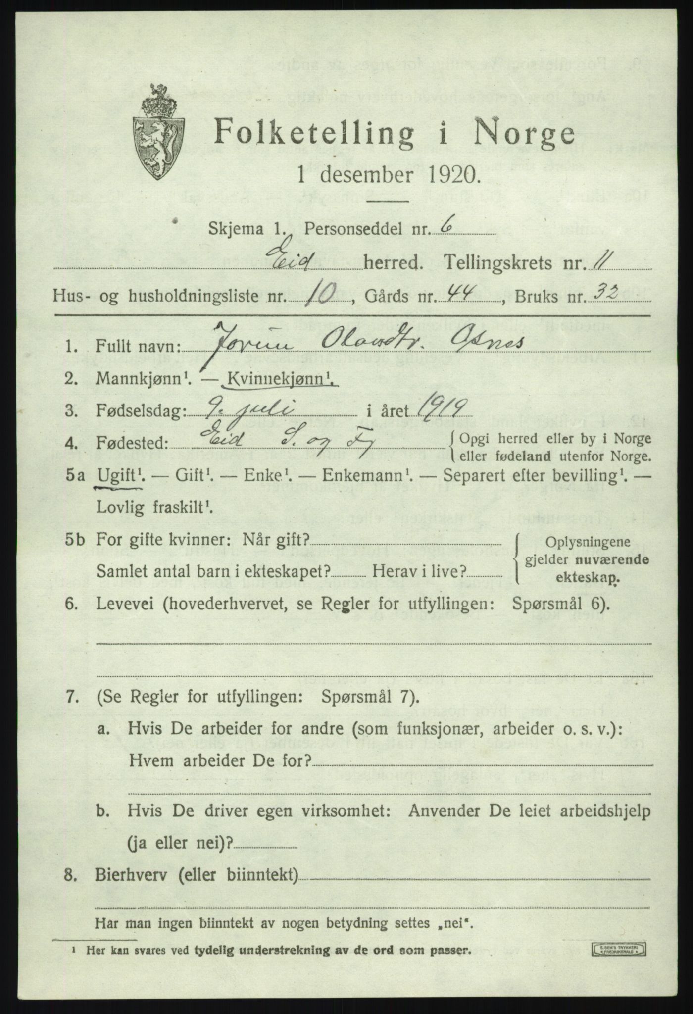 SAB, Folketelling 1920 for 1443 Eid herred, 1920, s. 6148