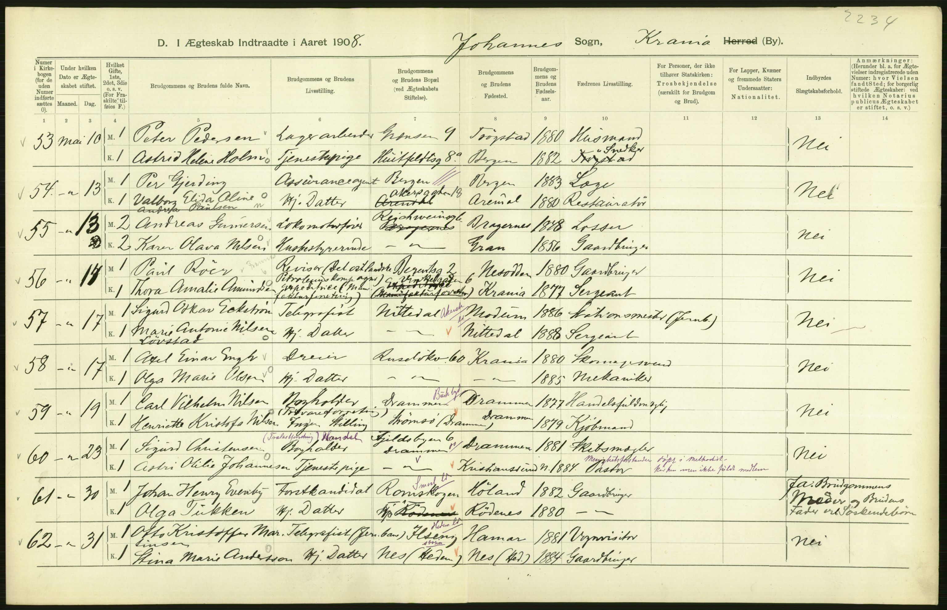 Statistisk sentralbyrå, Sosiodemografiske emner, Befolkning, AV/RA-S-2228/D/Df/Dfa/Dfaf/L0007: Kristiania: Gifte, 1908, s. 358