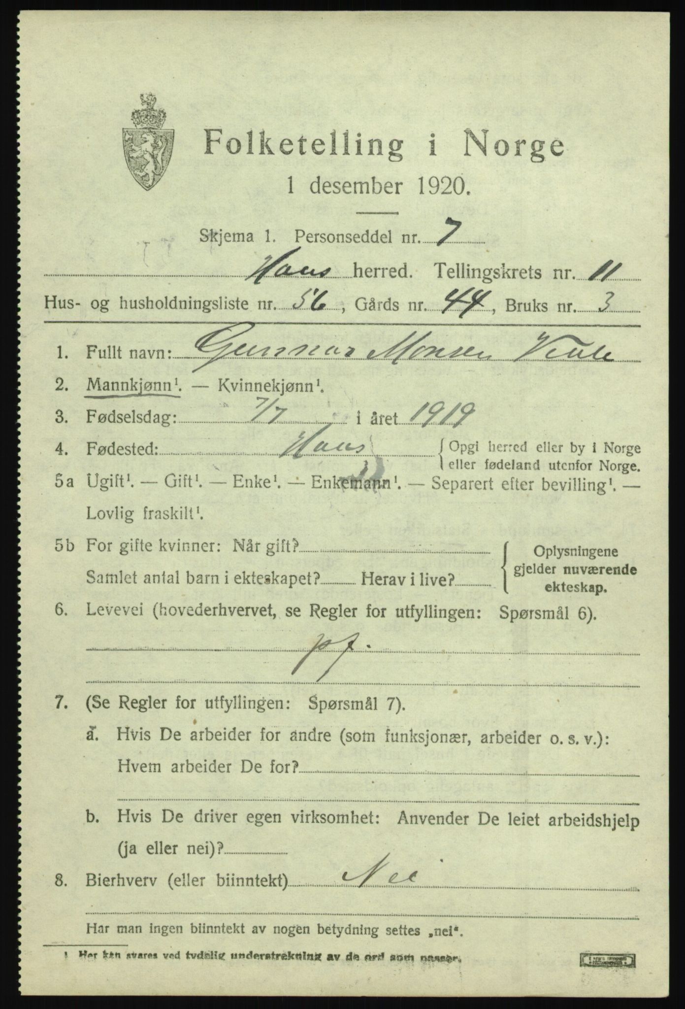 SAB, Folketelling 1920 for 1250 Haus herred, 1920, s. 7401