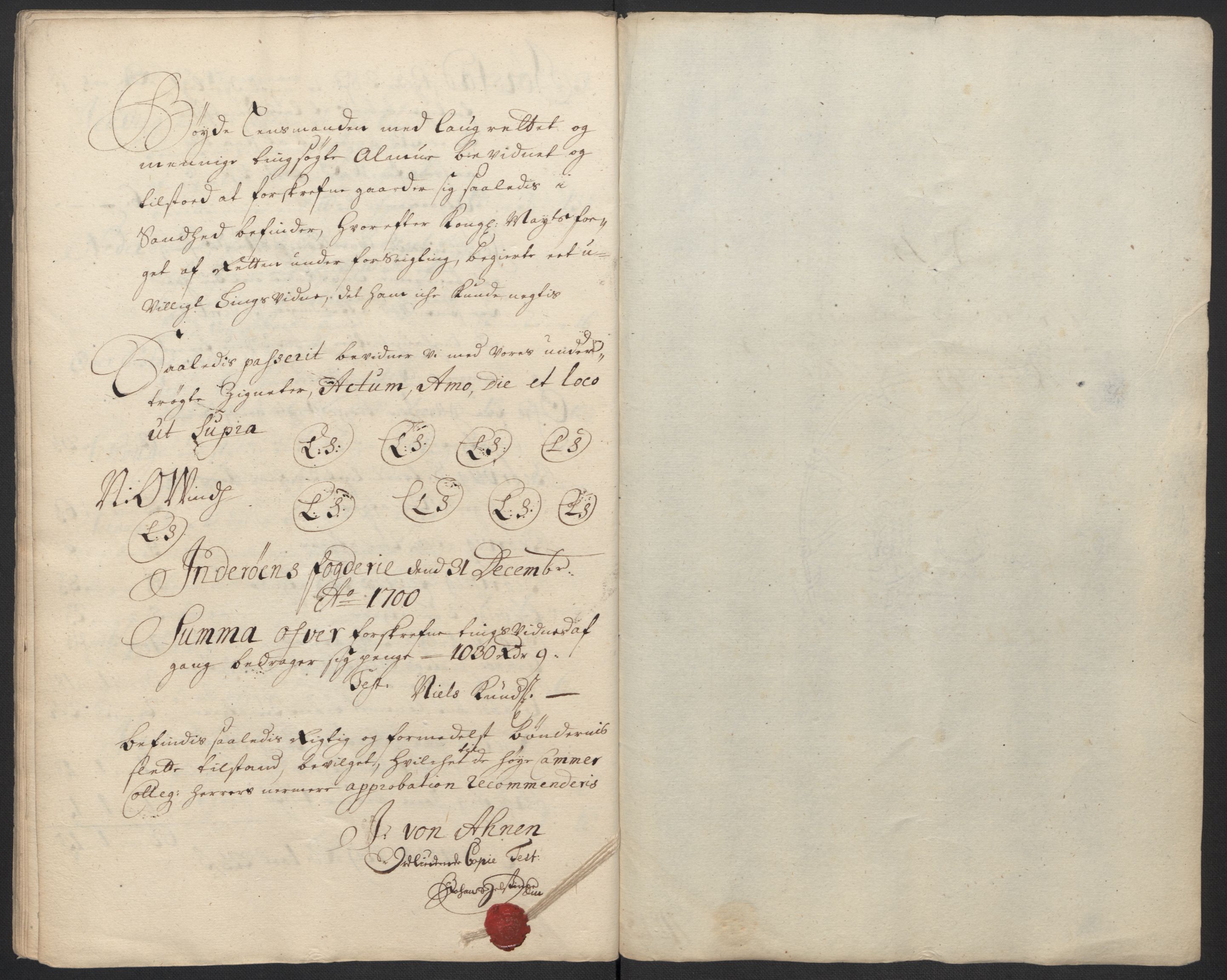 Rentekammeret inntil 1814, Reviderte regnskaper, Fogderegnskap, RA/EA-4092/R63/L4311: Fogderegnskap Inderøy, 1700, s. 291