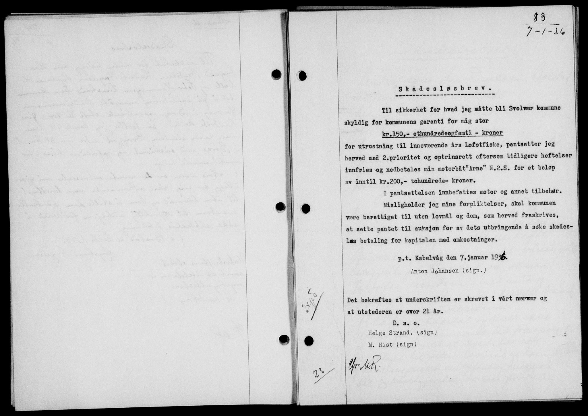 Lofoten sorenskriveri, SAT/A-0017/1/2/2C/L0033b: Pantebok nr. 33b, 1936-1936, Dagboknr: 83/1936