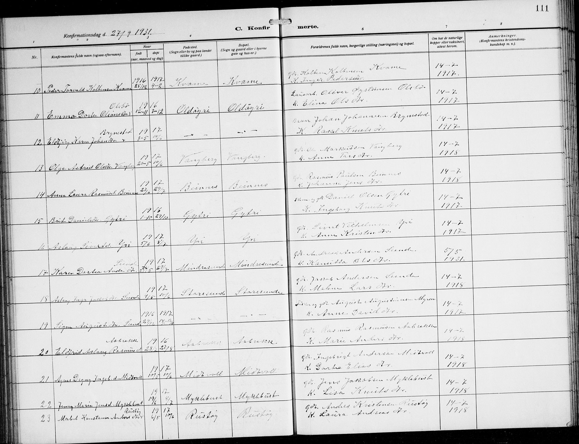 Innvik sokneprestembete, AV/SAB-A-80501: Klokkerbok nr. B 5, 1915-1943, s. 111