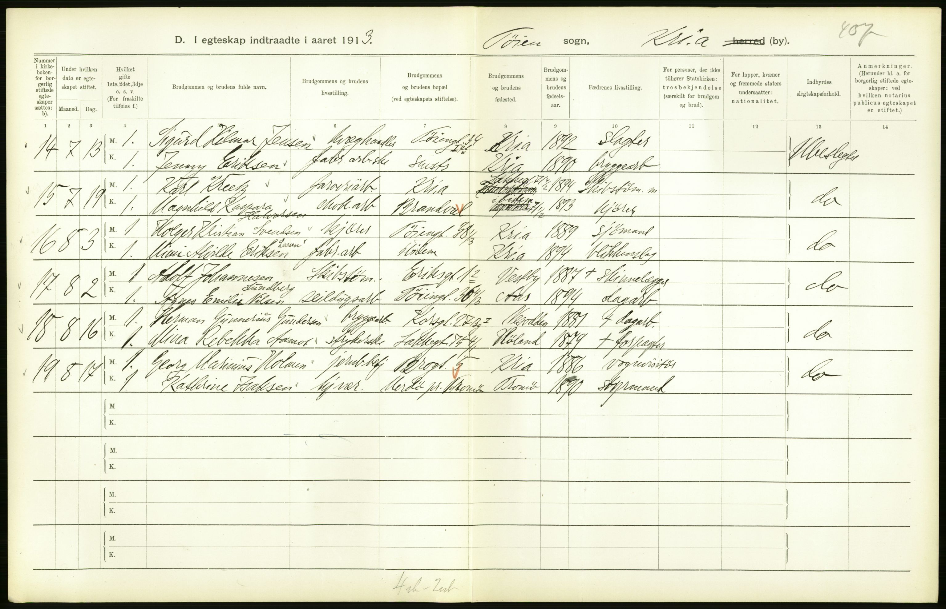 Statistisk sentralbyrå, Sosiodemografiske emner, Befolkning, AV/RA-S-2228/D/Df/Dfb/Dfbc/L0008: Kristiania: Gifte., 1913, s. 144