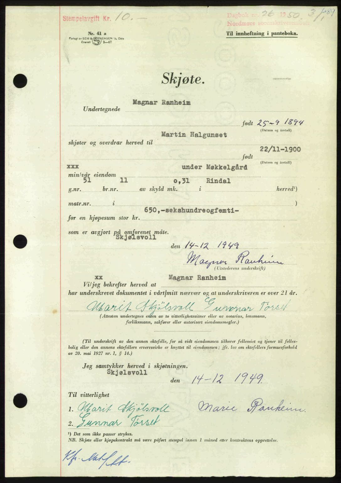 Nordmøre sorenskriveri, AV/SAT-A-4132/1/2/2Ca: Pantebok nr. A113, 1949-1950, Dagboknr: 26/1950