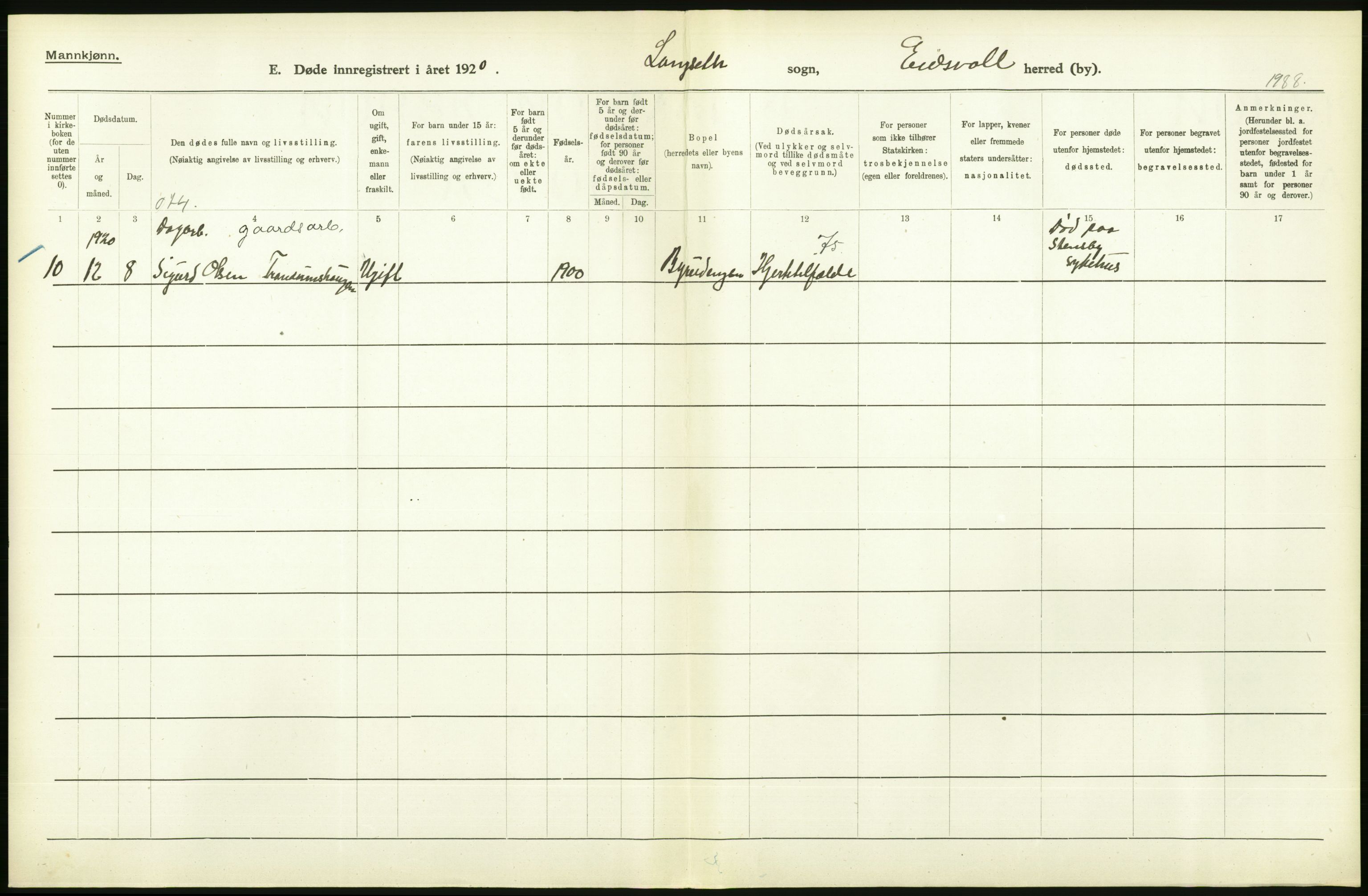 Statistisk sentralbyrå, Sosiodemografiske emner, Befolkning, AV/RA-S-2228/D/Df/Dfb/Dfbj/L0007: Akershus fylke: Døde. Bygder og byer., 1920, s. 228