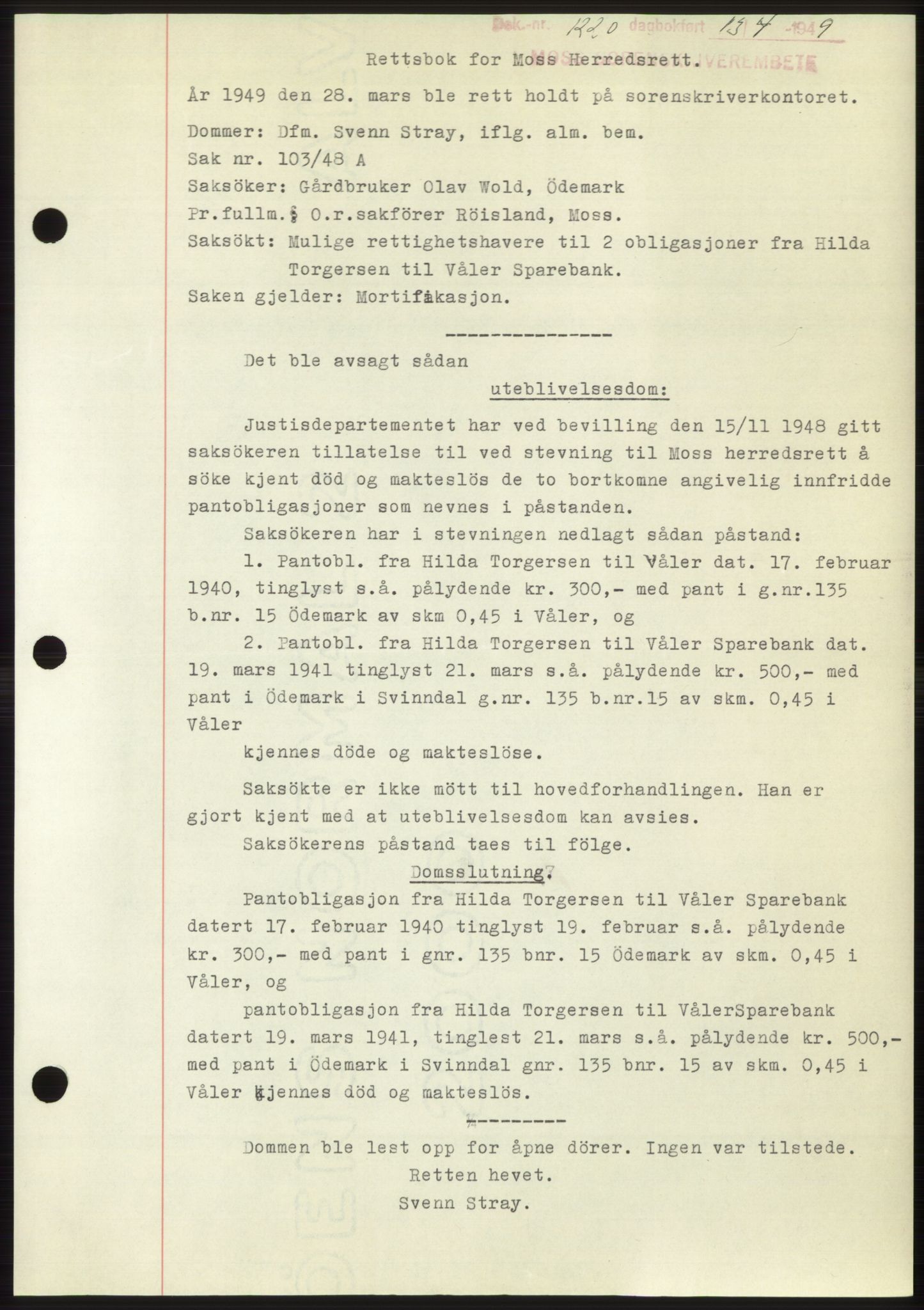 Moss sorenskriveri, SAO/A-10168: Pantebok nr. B21, 1949-1949, Dagboknr: 1220/1949