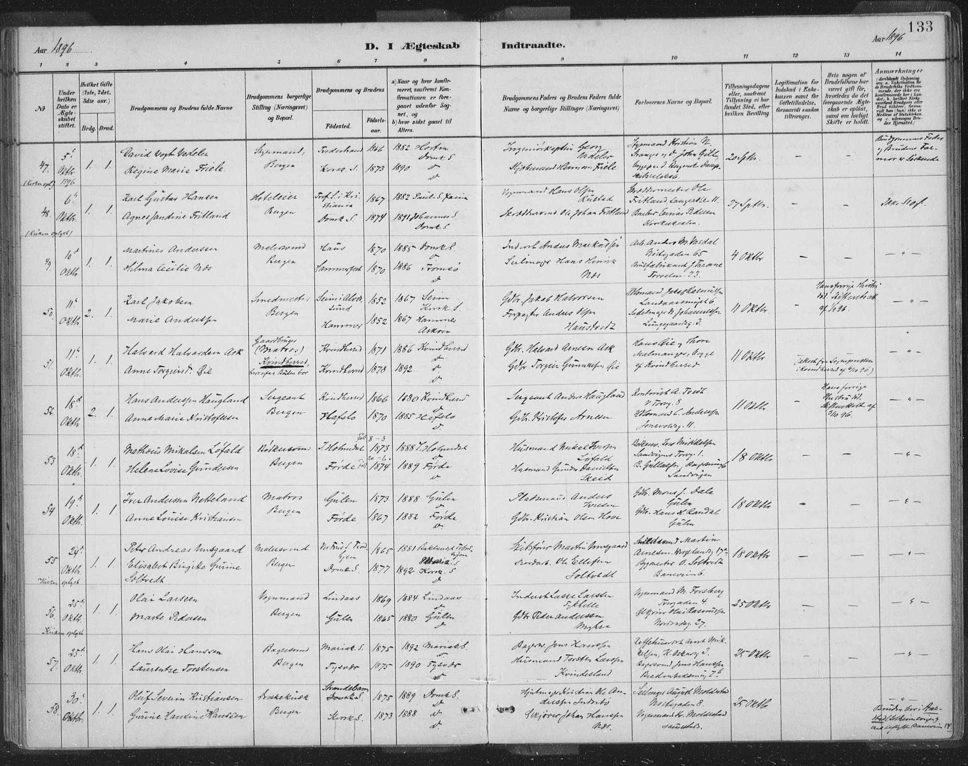 Domkirken sokneprestembete, AV/SAB-A-74801/H/Hab/L0032: Klokkerbok nr. D 4, 1880-1907, s. 133
