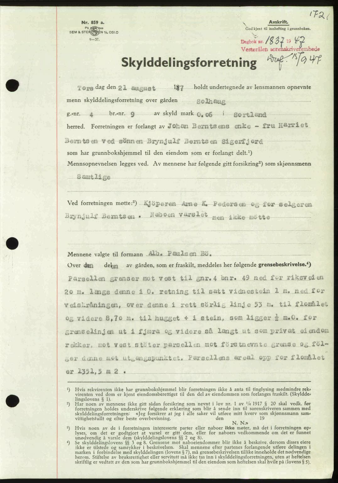 Vesterålen sorenskriveri, SAT/A-4180/1/2/2Ca: Pantebok nr. A21, 1947-1947, Dagboknr: 1837/1947