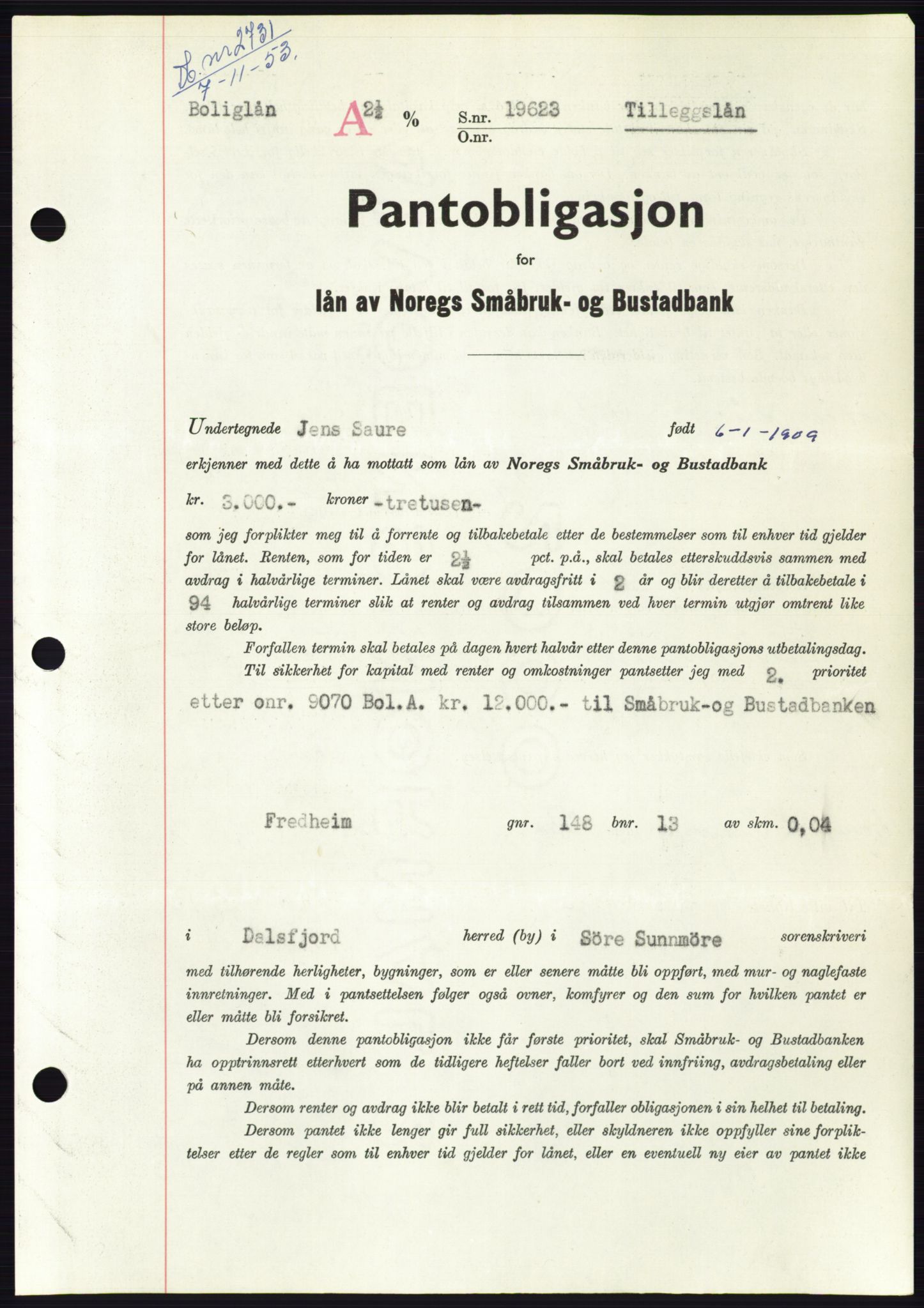 Søre Sunnmøre sorenskriveri, SAT/A-4122/1/2/2C/L0124: Pantebok nr. 12B, 1953-1954, Dagboknr: 2731/1953