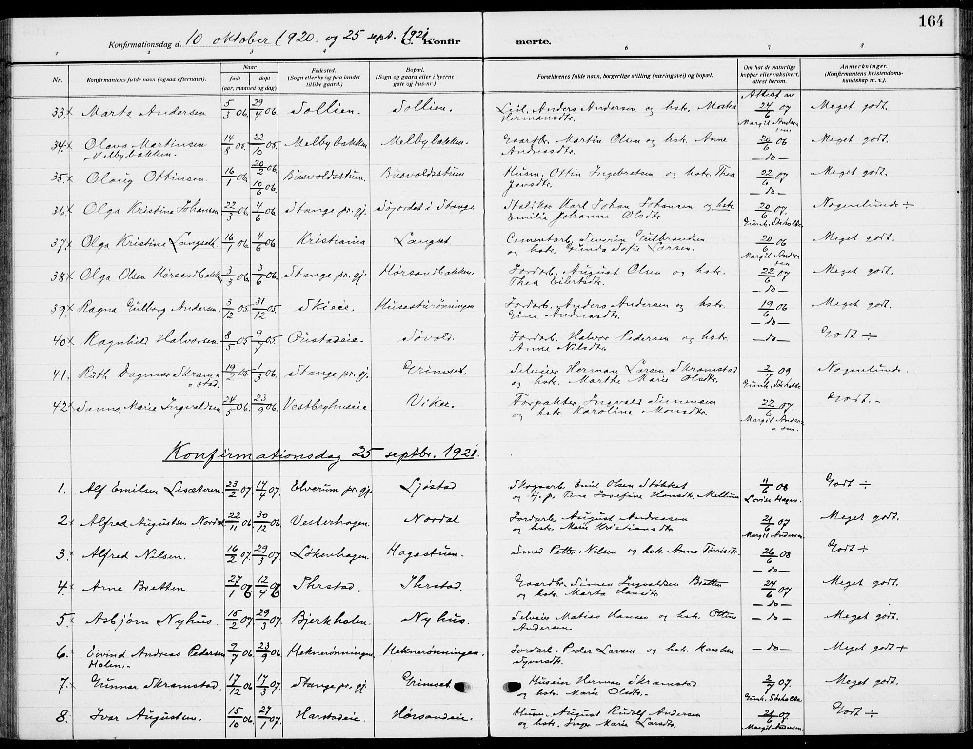 Romedal prestekontor, AV/SAH-PREST-004/K/L0012: Ministerialbok nr. 12, 1913-1935, s. 164