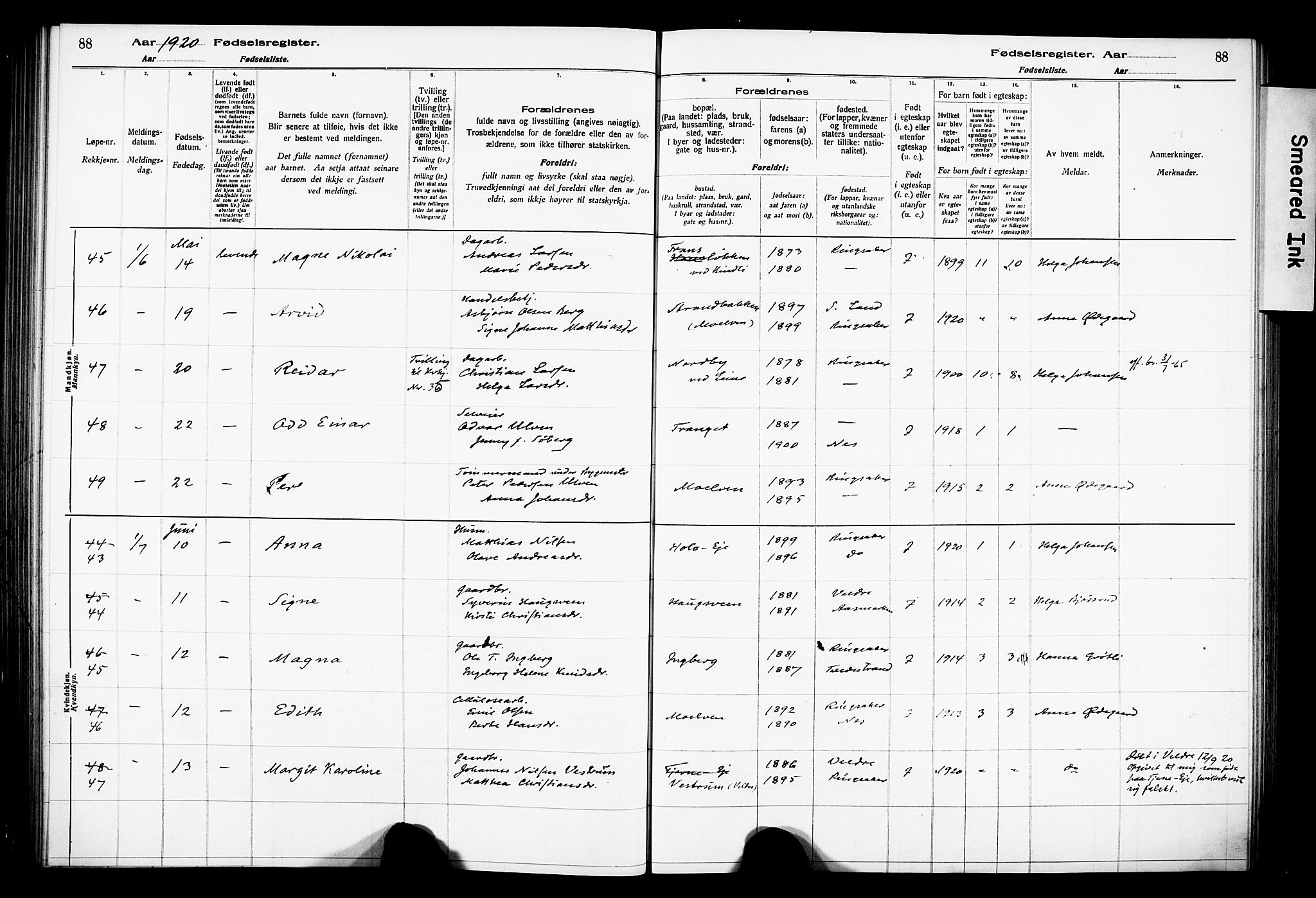 Ringsaker prestekontor, AV/SAH-PREST-014/O/Oa/L0001: Fødselsregister nr. 1, 1916-1925, s. 88