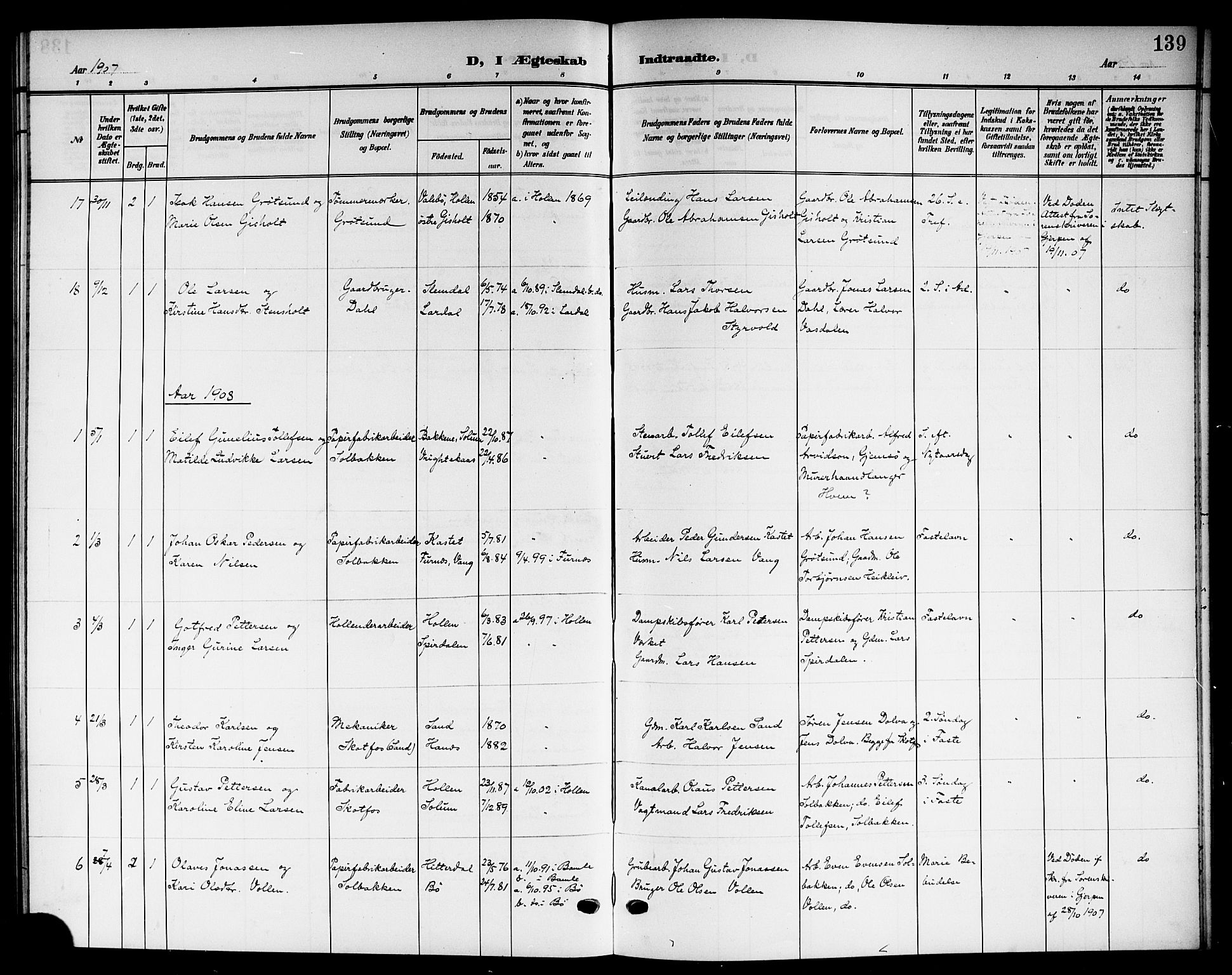 Solum kirkebøker, AV/SAKO-A-306/G/Gb/L0005: Klokkerbok nr. II 5, 1905-1914, s. 139