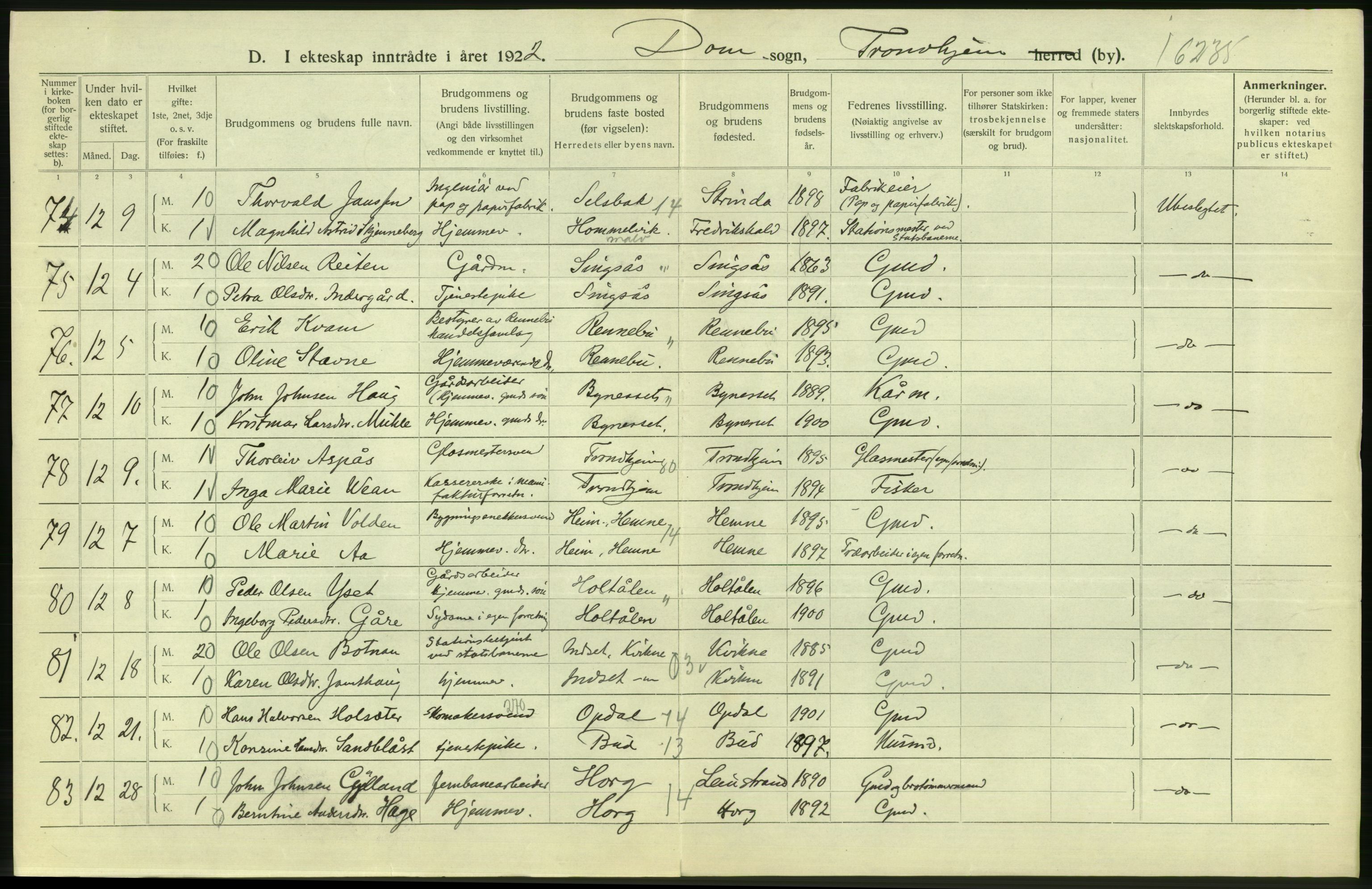 Statistisk sentralbyrå, Sosiodemografiske emner, Befolkning, AV/RA-S-2228/D/Df/Dfc/Dfcb/L0040: Trondheim: Gifte, døde, dødfødte., 1922, s. 76