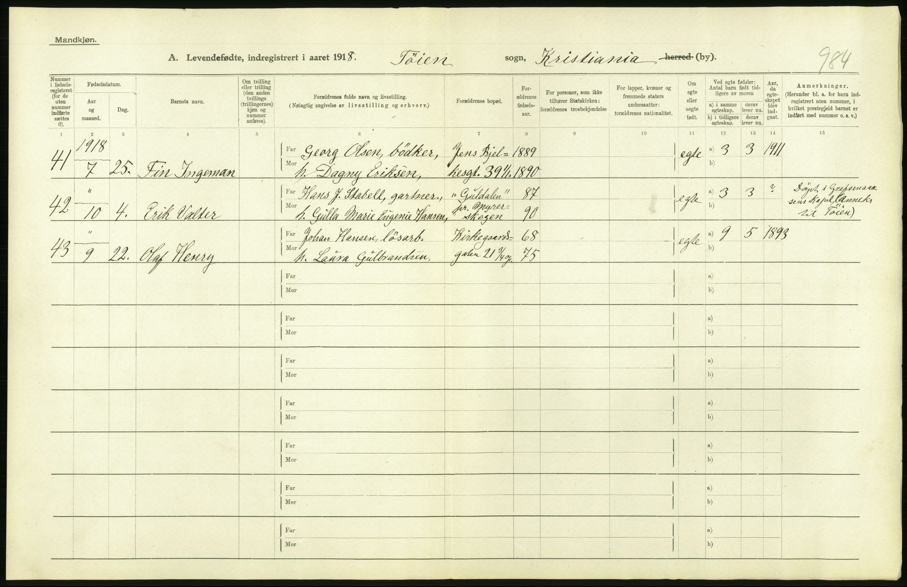 Statistisk sentralbyrå, Sosiodemografiske emner, Befolkning, AV/RA-S-2228/D/Df/Dfb/Dfbh/L0008: Kristiania: Levendefødte menn og kvinner., 1918, s. 194