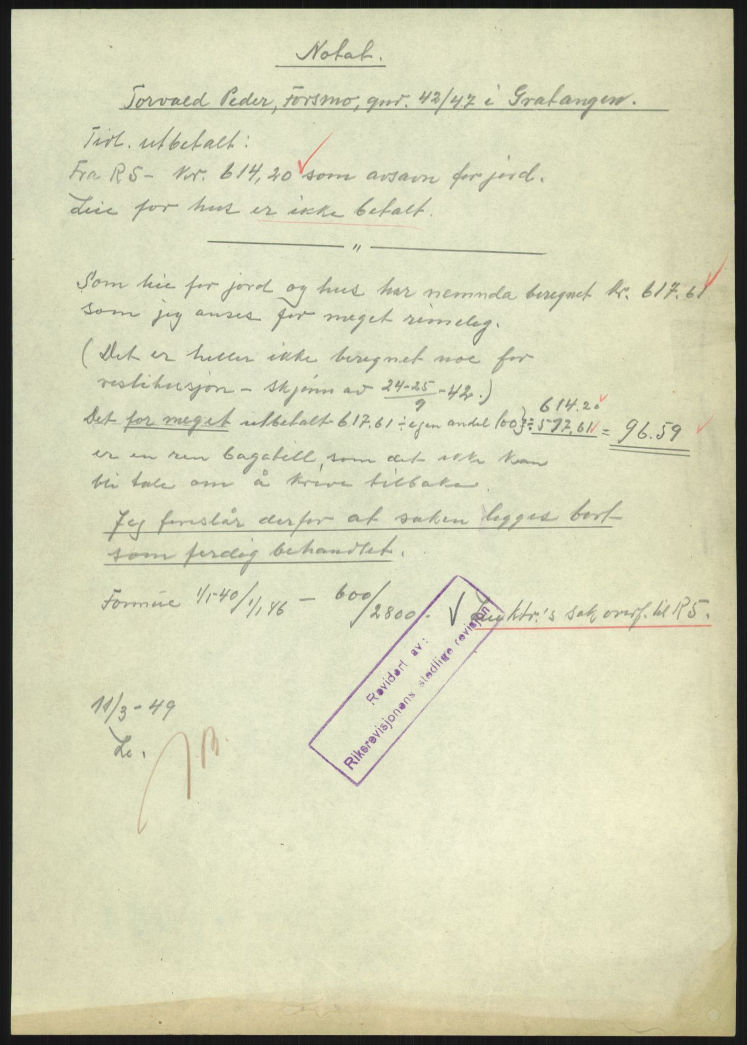 Forsvarsdepartementet, 10. kontor / Oppgjørskontoret, AV/RA-RAFA-1225/D/Dd/L0480: Troms, 1942-1953, s. 340