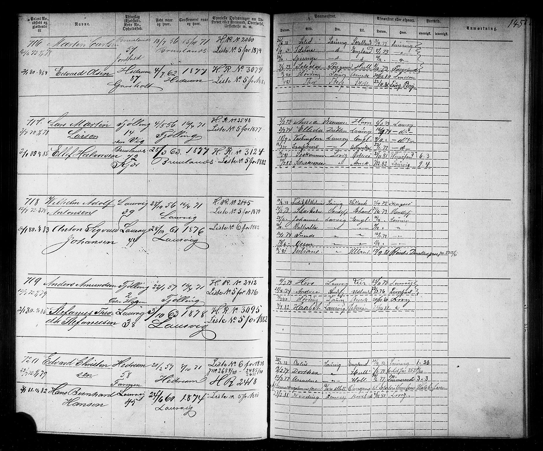 Larvik innrulleringskontor, AV/SAKO-A-787/F/Fb/L0004: Annotasjonsrulle, 1870-1882, s. 146