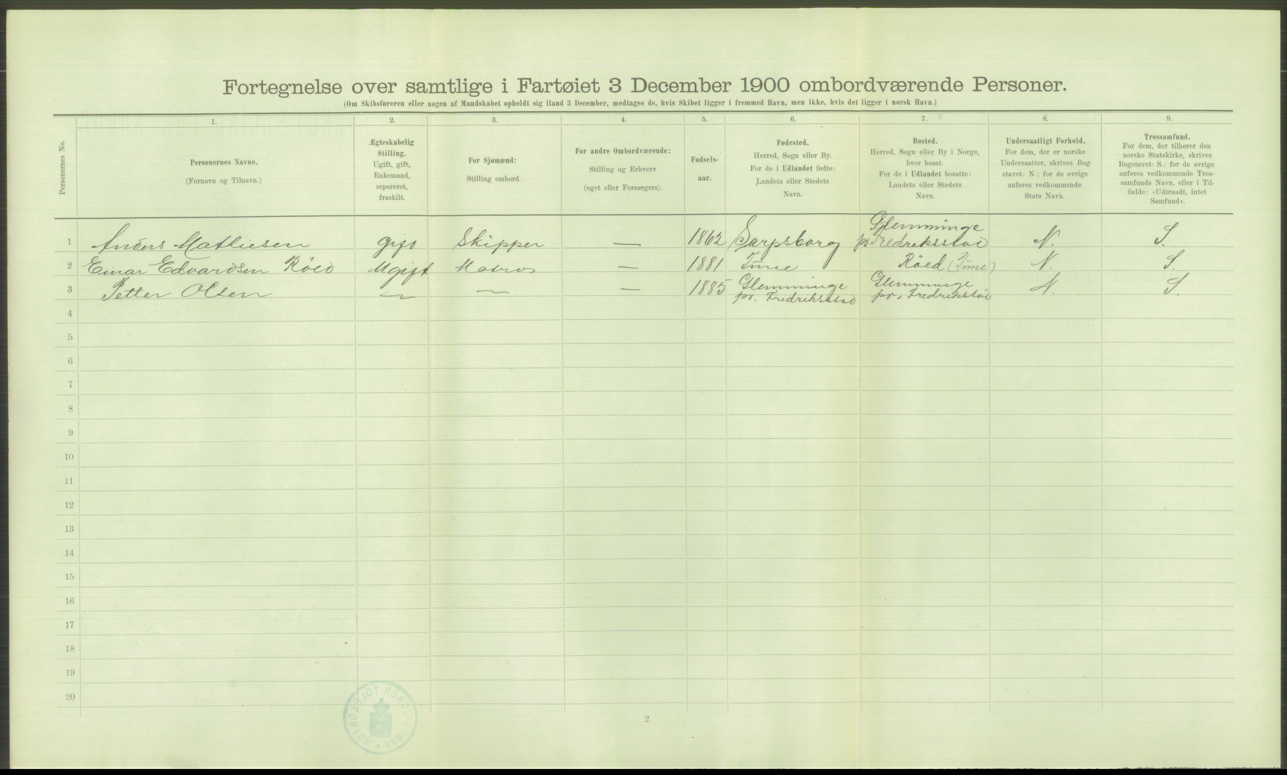 RA, Folketelling 1900 - skipslister med personlister for skip i norske havner, utenlandske havner og til havs, 1900, s. 536