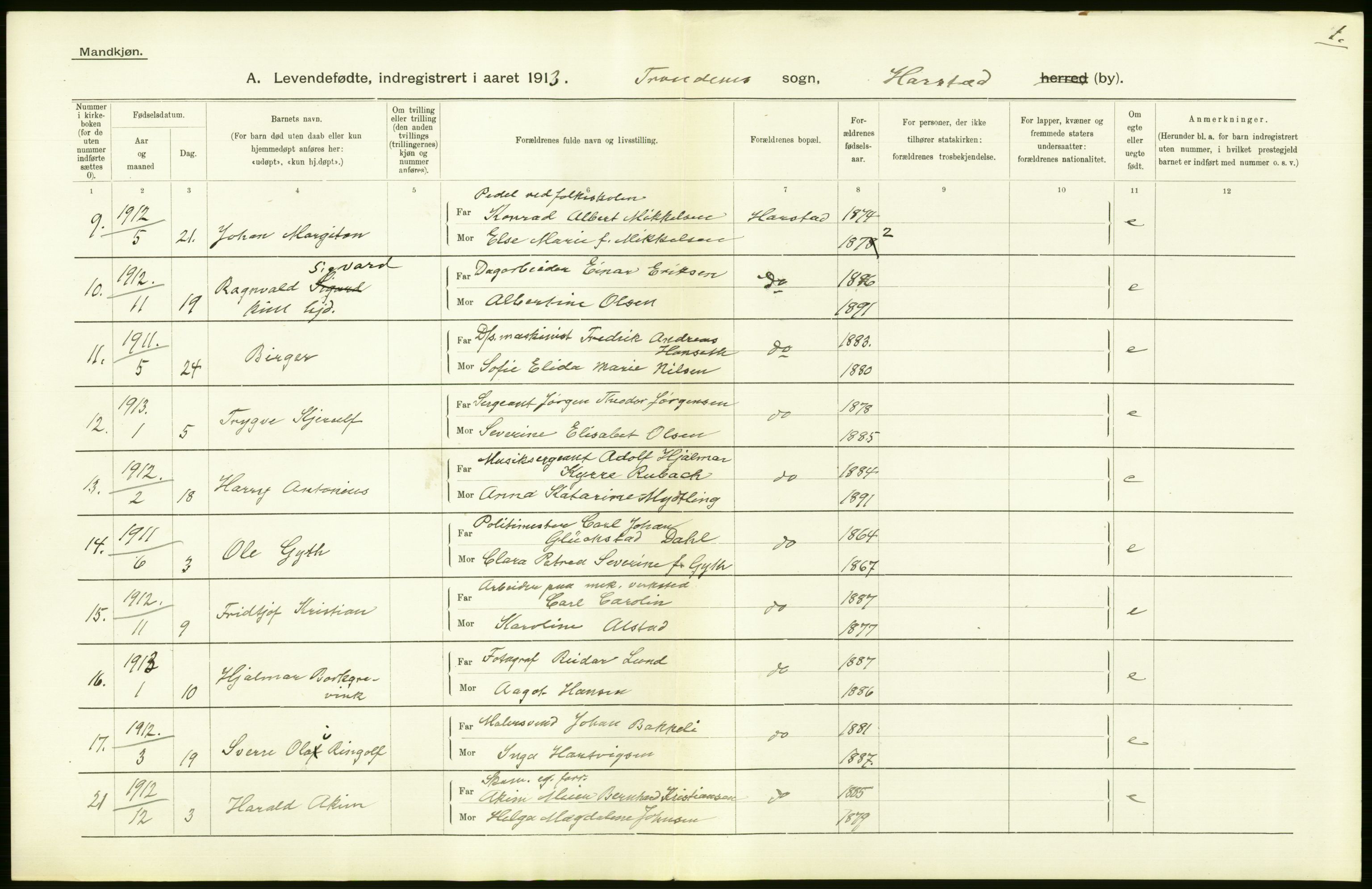 Statistisk sentralbyrå, Sosiodemografiske emner, Befolkning, AV/RA-S-2228/D/Df/Dfb/Dfbc/L0046: Tromsø amt: Levendefødte menn og kvinner. Bygder og byer., 1913, s. 64