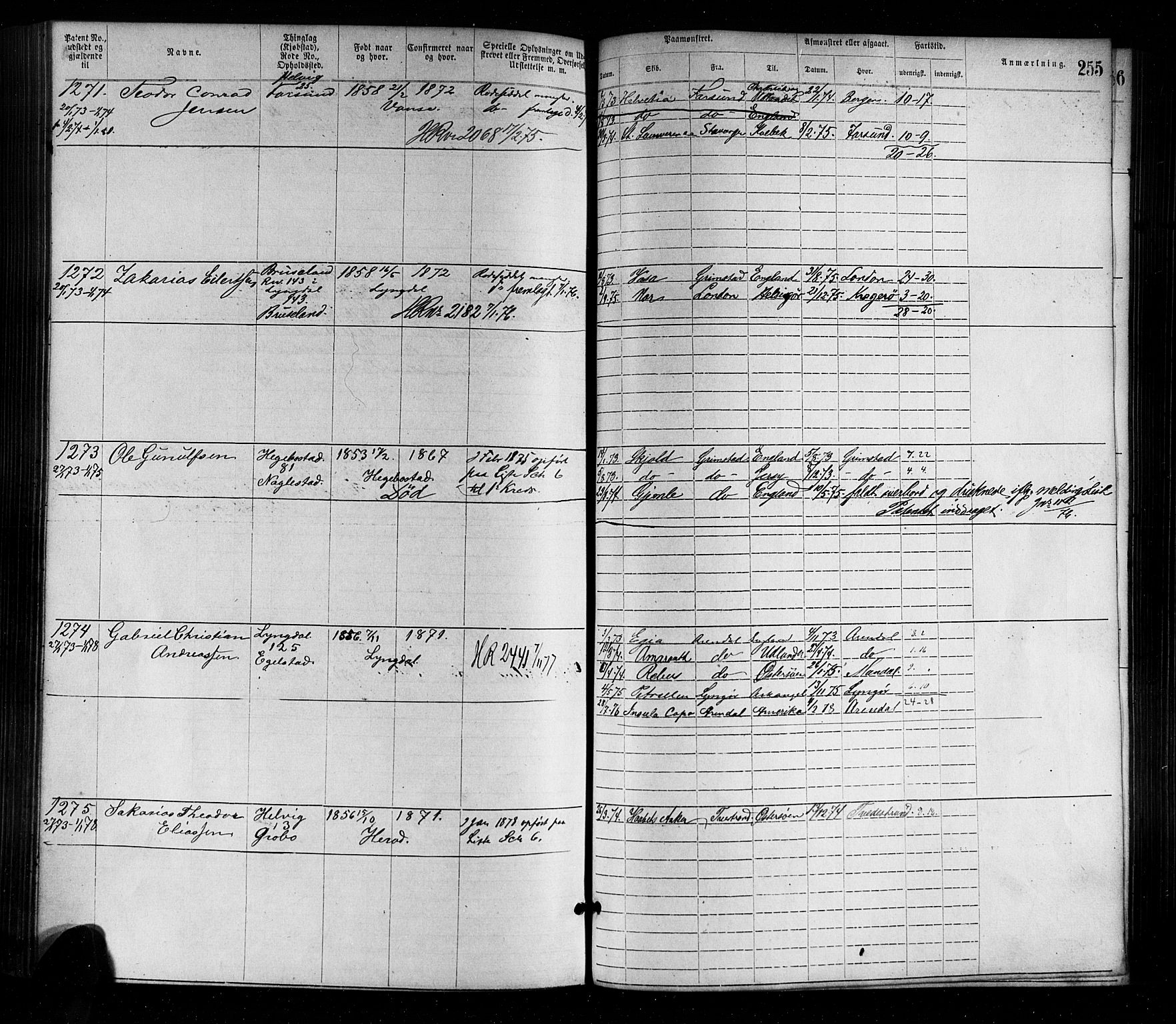 Farsund mønstringskrets, AV/SAK-2031-0017/F/Fa/L0001: Annotasjonsrulle nr 1-1920 med register, M-1, 1869-1877, s. 285