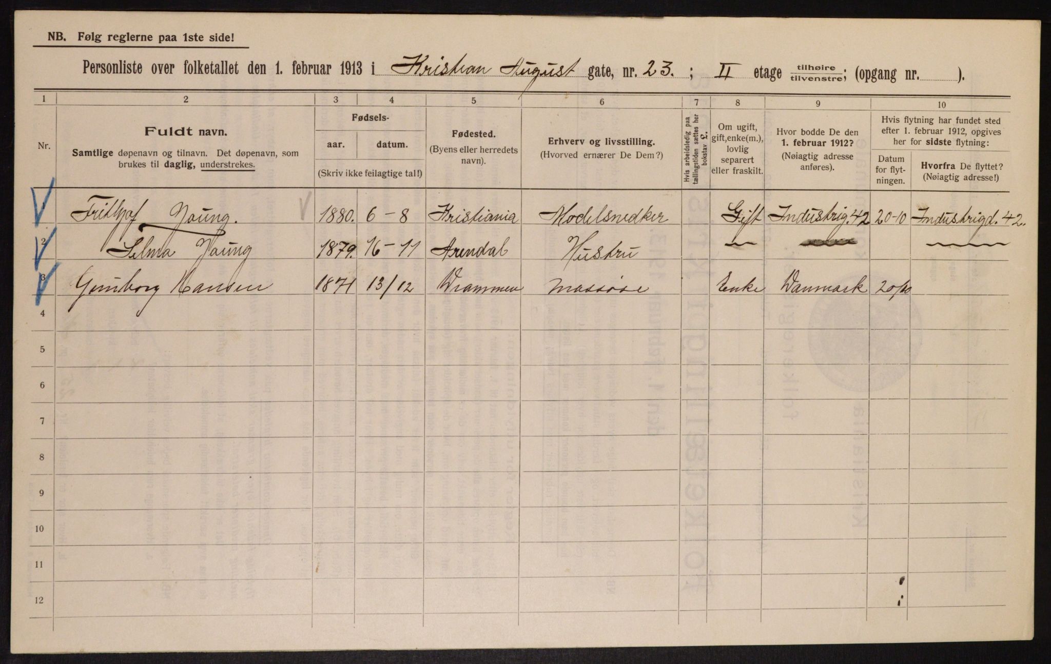 OBA, Kommunal folketelling 1.2.1913 for Kristiania, 1913, s. 53832