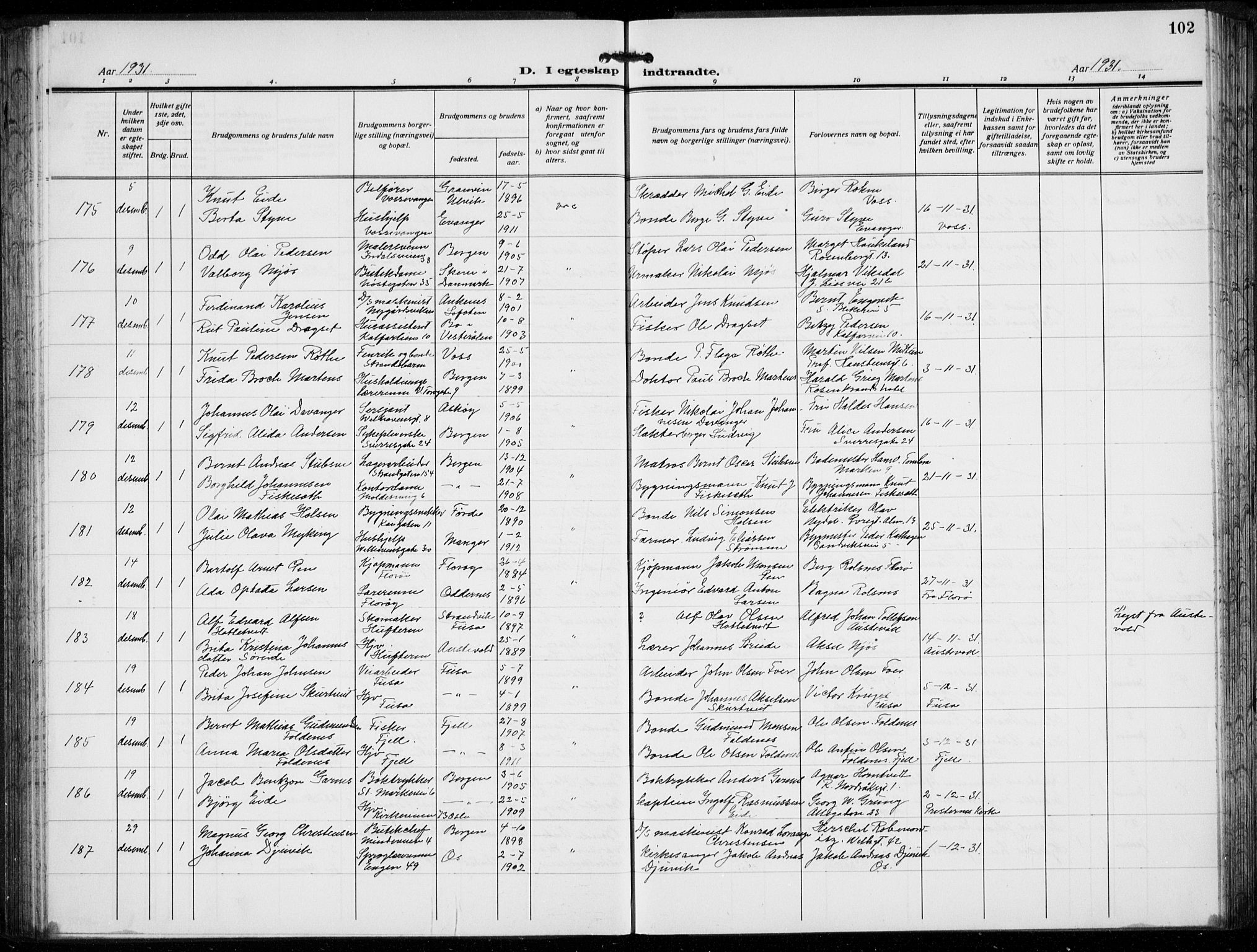 Domkirken sokneprestembete, AV/SAB-A-74801/H/Hab/L0034: Klokkerbok nr. D 6, 1924-1941, s. 102