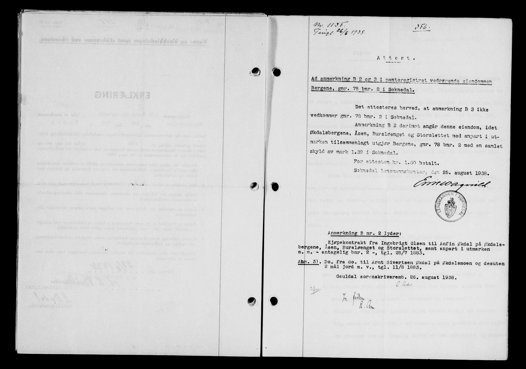 Gauldal sorenskriveri, SAT/A-0014/1/2/2C/L0049: Pantebok nr. 53, 1938-1938, Dagboknr: 1135/1938